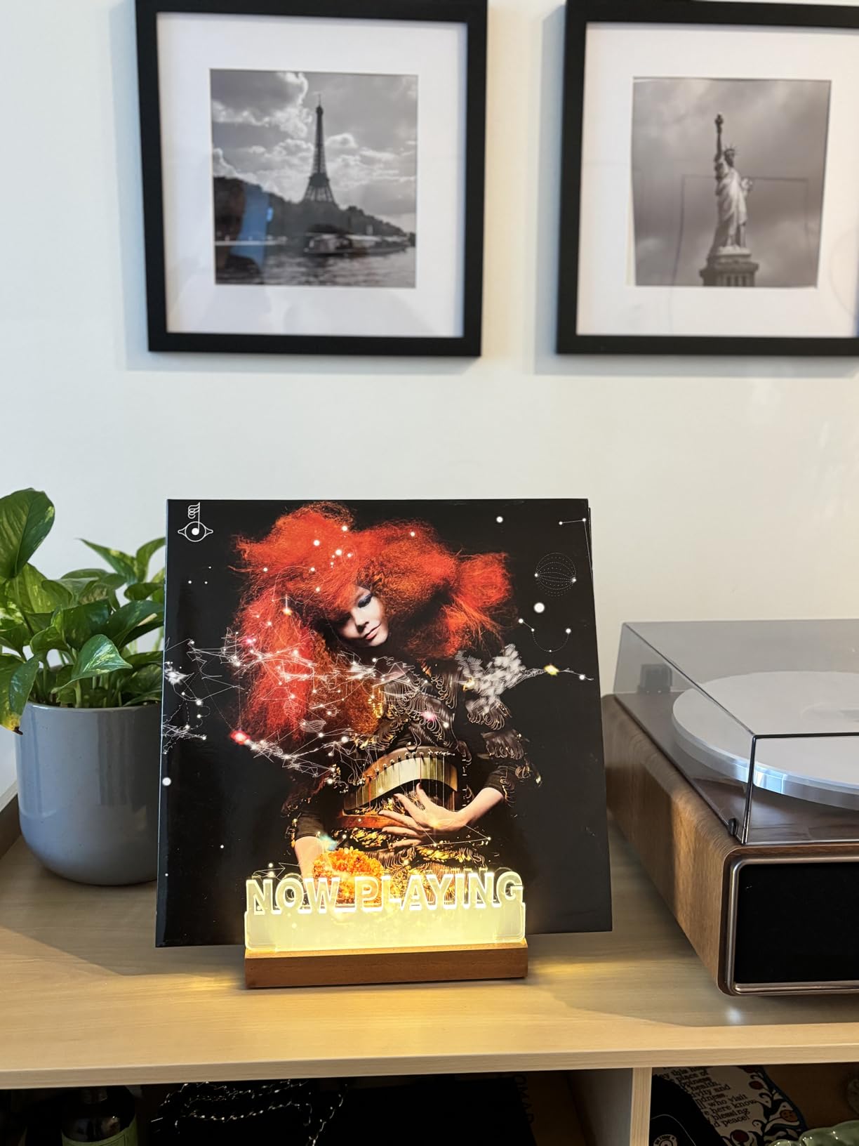 CoolGift Mart Now Playing Vinyl Record Stand, Light up Record Holder, Wooden Acrylic Display with Warm White Lights for Albums, Room Decor, for Vinyl Lovers customer photo 1