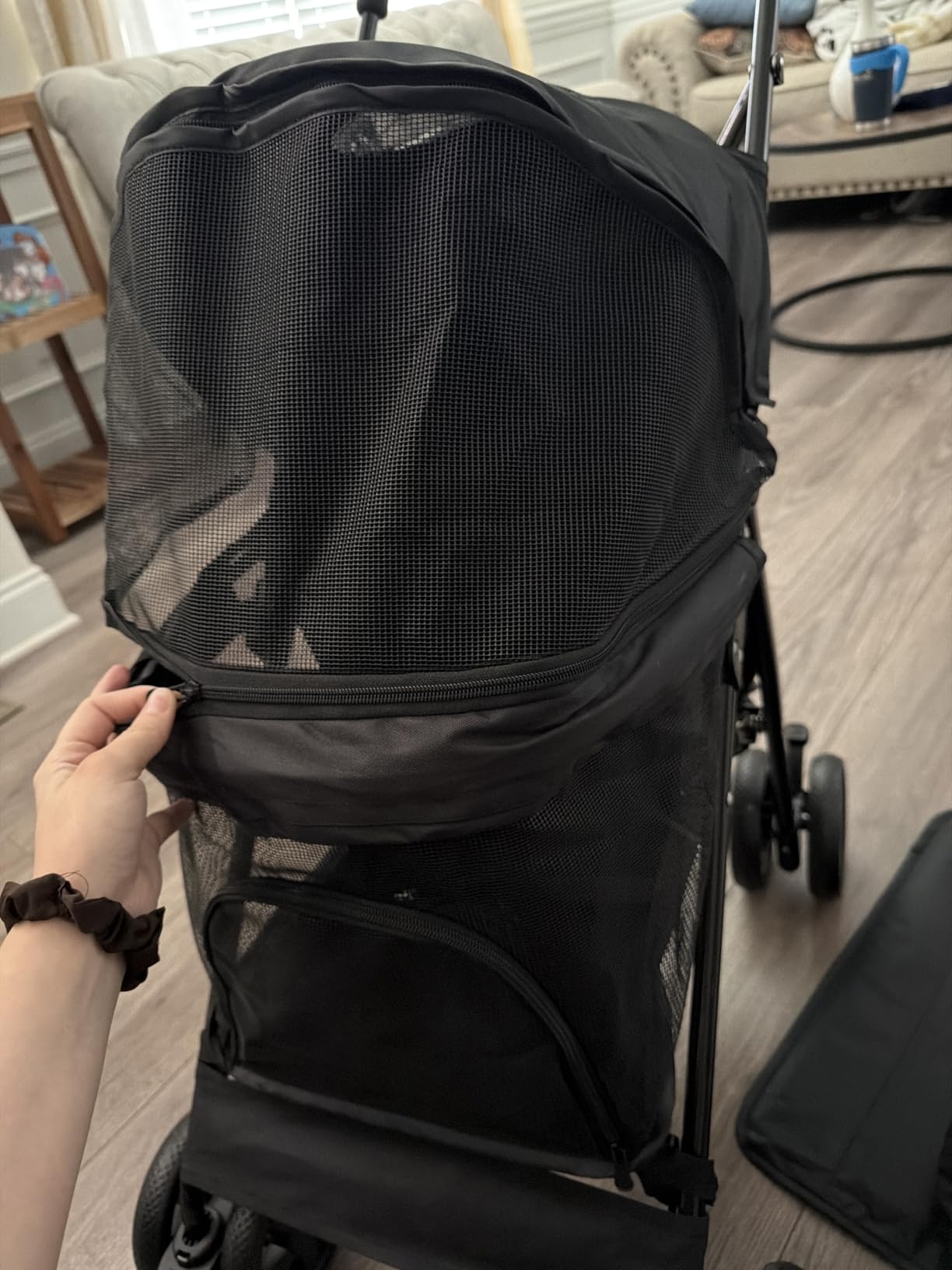 MoNiBloom 4 Wheels Pet Stroller, Easy-Fold Puppy Cage Jogger Stroller with Sun Cover, Pad and Rear Storage Bag, Breathable and Visible Mesh for Small/Medium Pets up to 22 lbs, Black customer photo 1