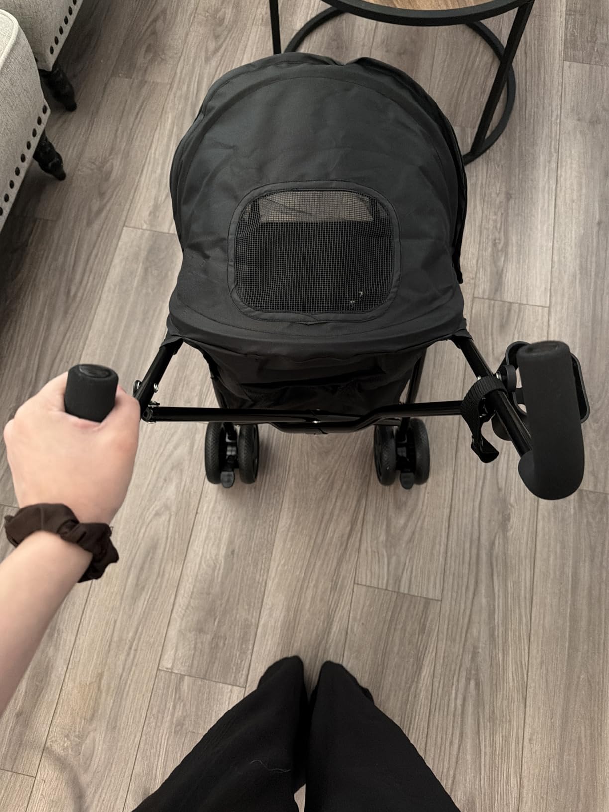MoNiBloom 4 Wheels Pet Stroller, Easy-Fold Puppy Cage Jogger Stroller with Sun Cover, Pad and Rear Storage Bag, Breathable and Visible Mesh for Small/Medium Pets up to 22 lbs, Black customer photo 2