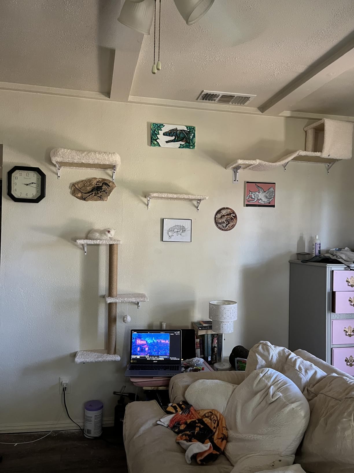 FUKUMARU Cat Wall Shelves, Stable & Safe 5 in 1 Cat Walls Furniture Set, Wooden Kitten Climbing Wall with Scratching Post for 16 Inch Drywall - Gray customer photo 1