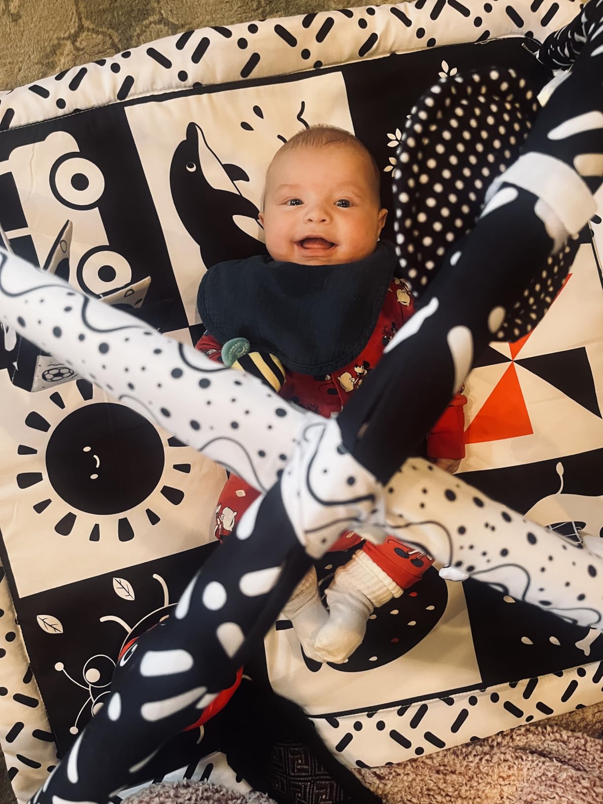 Poycuna Black and White Baby Gym Play Mat with 6 Toys Tummy Time Activity Mat for Babies 0-6 6-12 Months High Contrast Baby Gyms & Playmats Sensory Toys Newborn Brain Development Infant Play Mat customer photo 1
