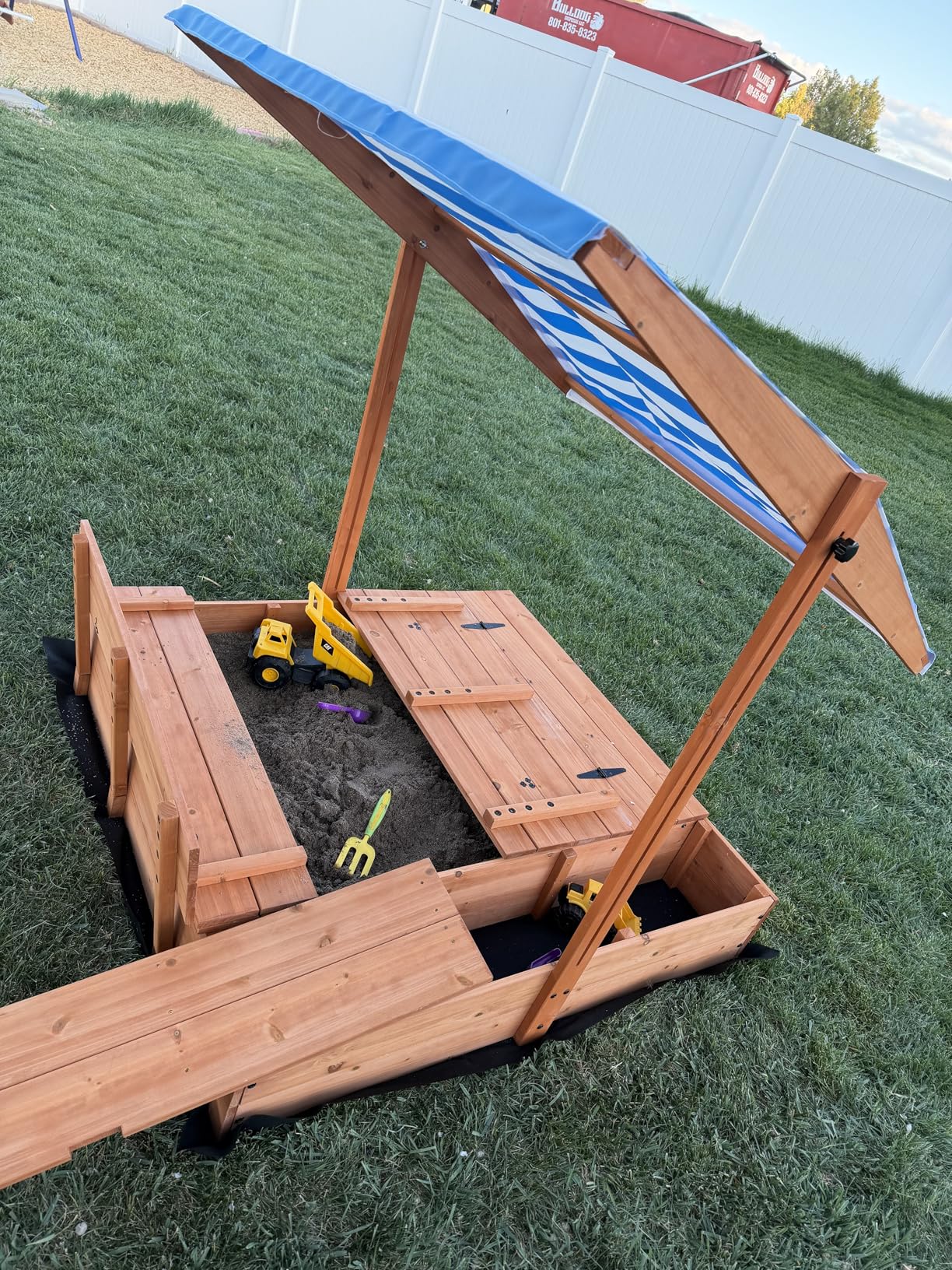 Kids Wooden Outdoor Sandbox with Cover, Sand Boxes with Canopy and Foldable Storage Bench Seats, Sand Table with Protection Bottom Liner, Kids Play Equipment for Outdoor (47X47Inch) customer photo 1