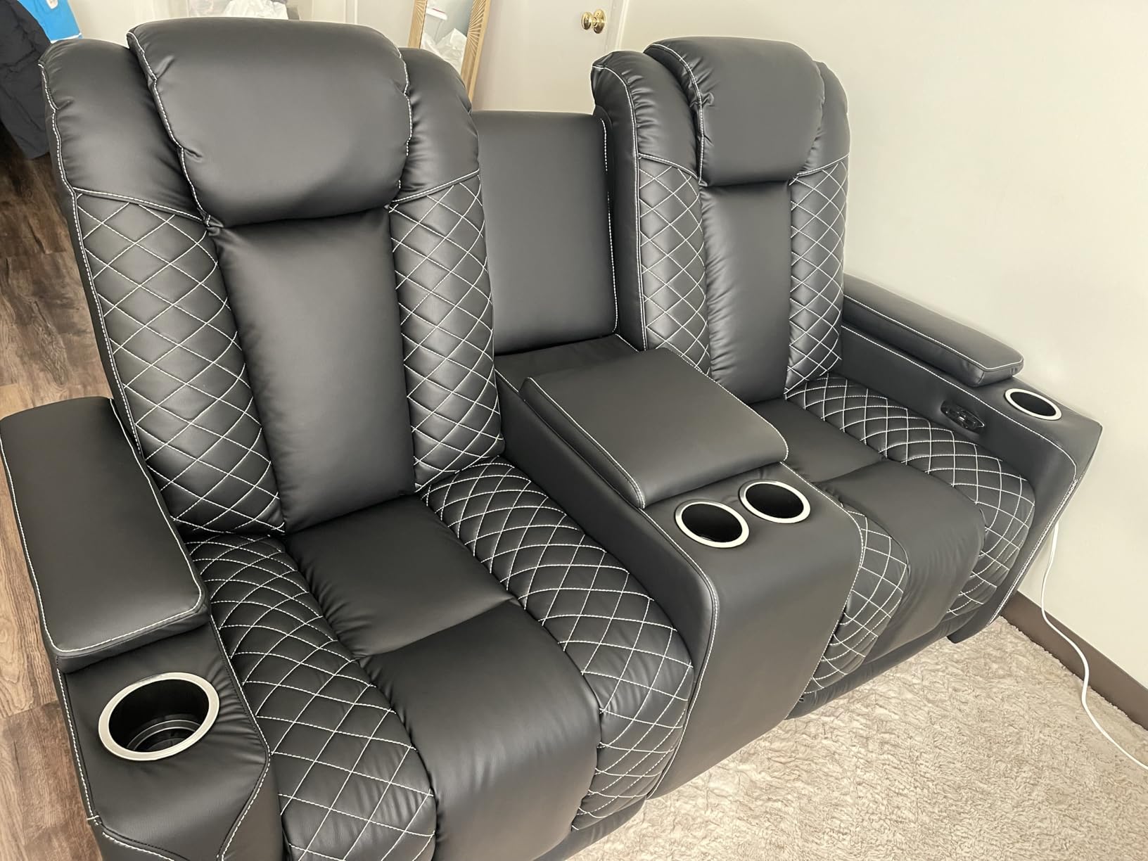 CANMOV Electric Recliner Chairs Set of 3, Breathable Faux Leather Home Theater Seating Recliner with Ambient Lighting, Power Recliner Chairs with USB Ports, Cup Holders, Hidden Arm Storage, Black customer photo 2