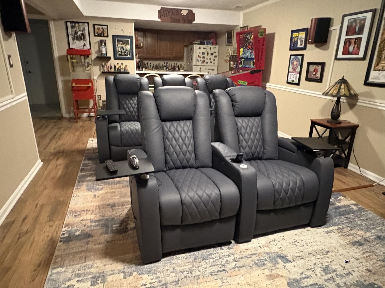 comfiroom Home Theater Seating Seats Classic Series Top Grain Leather Recliner Chair Dual Power Electric Headrest Movie Gaming Sofa with Tray Table Type-C USB Charger Cup Holders (Black, Row of 4) customer photo 2
