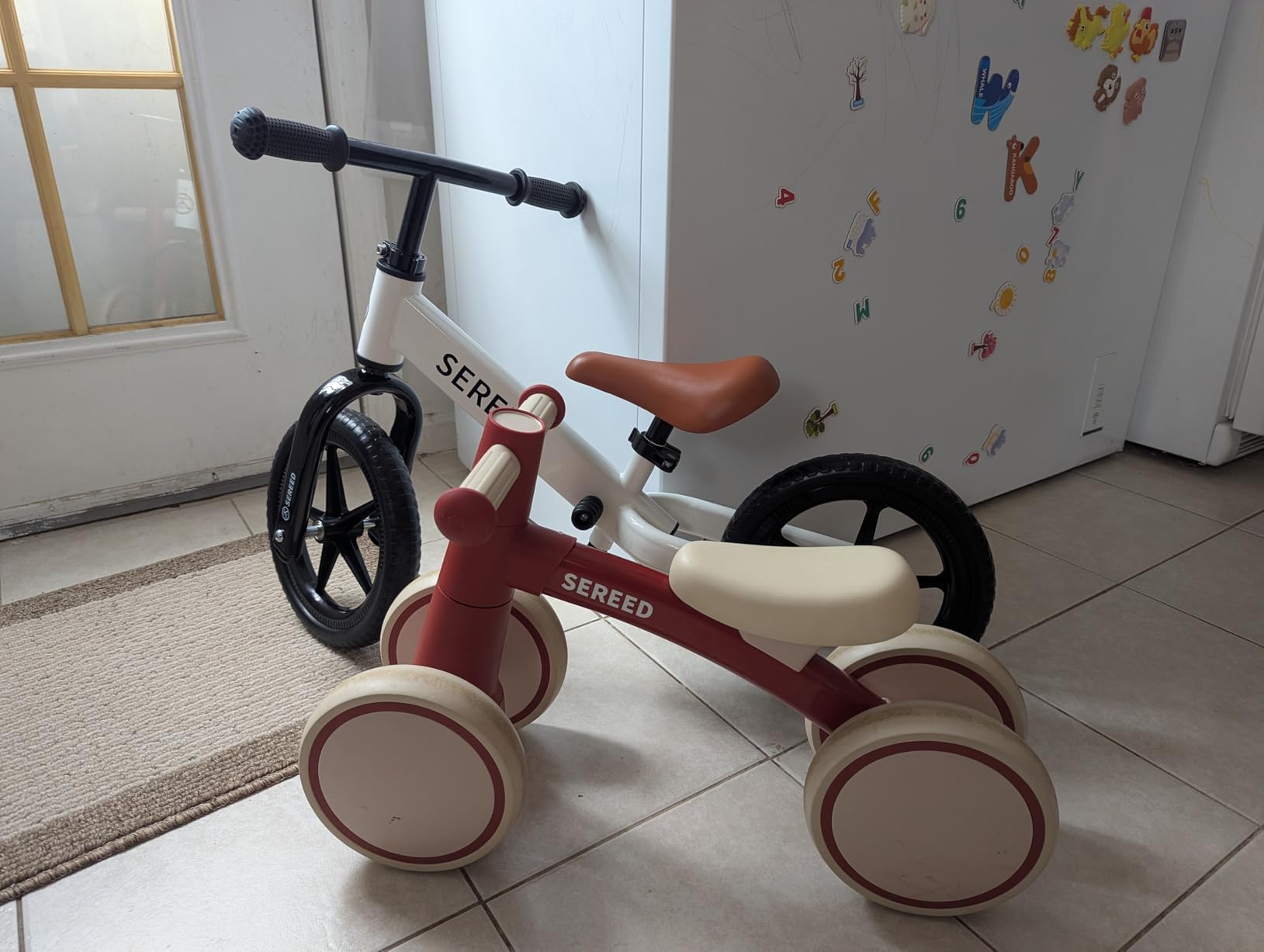 SEREED Toddler Balance Bike 2 Year Old, No Pedal Kids Toy Bike for 2-5 Years Old, Tool-Free Adjustment, Gift for 2-3 Boys Girls, Customize Plate with 3pcs Stickers (White) customer photo 1