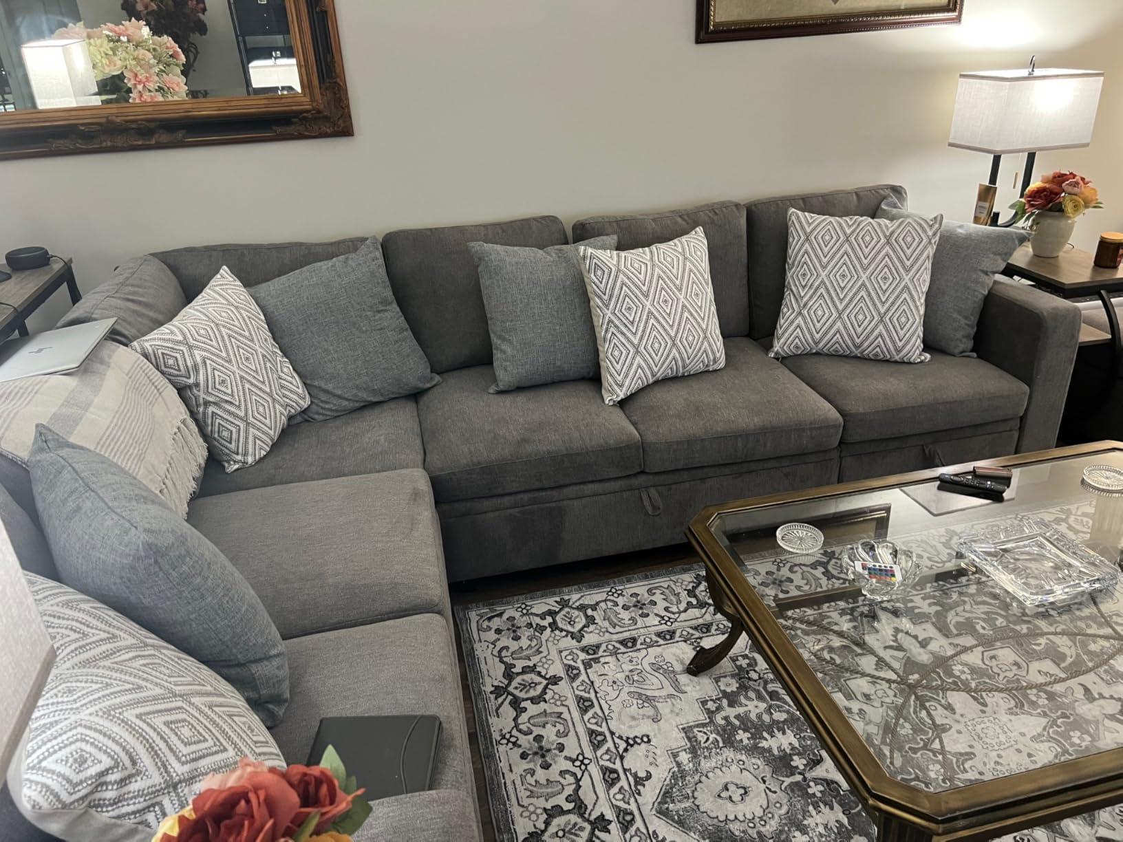 HONBAY Sectional Sleeper Sofa with Pull Out Bed, Corduroy L Shaped Couch with Storage, Modular Sectional Couches for Living Room, Green customer photo 1