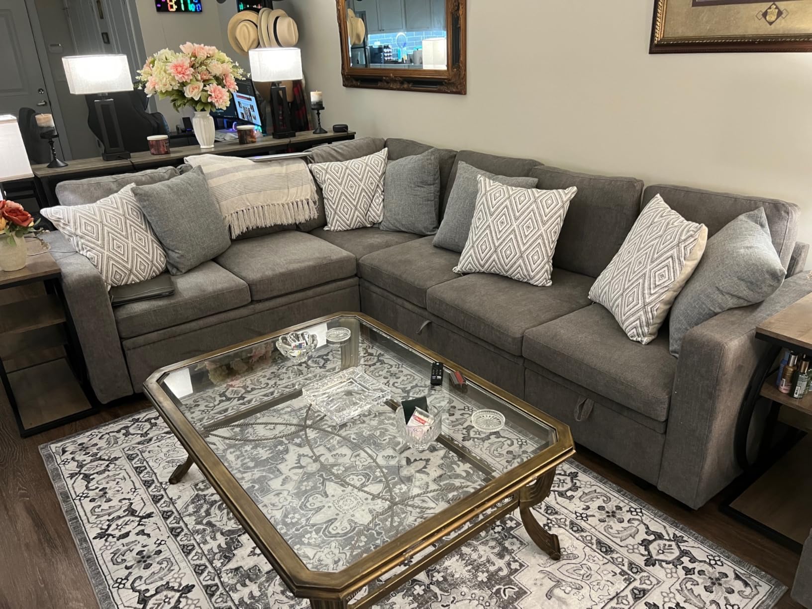 HONBAY Sectional Sleeper Sofa with Pull Out Bed, Corduroy L Shaped Couch with Storage, Modular Sectional Couches for Living Room, Green customer photo 2