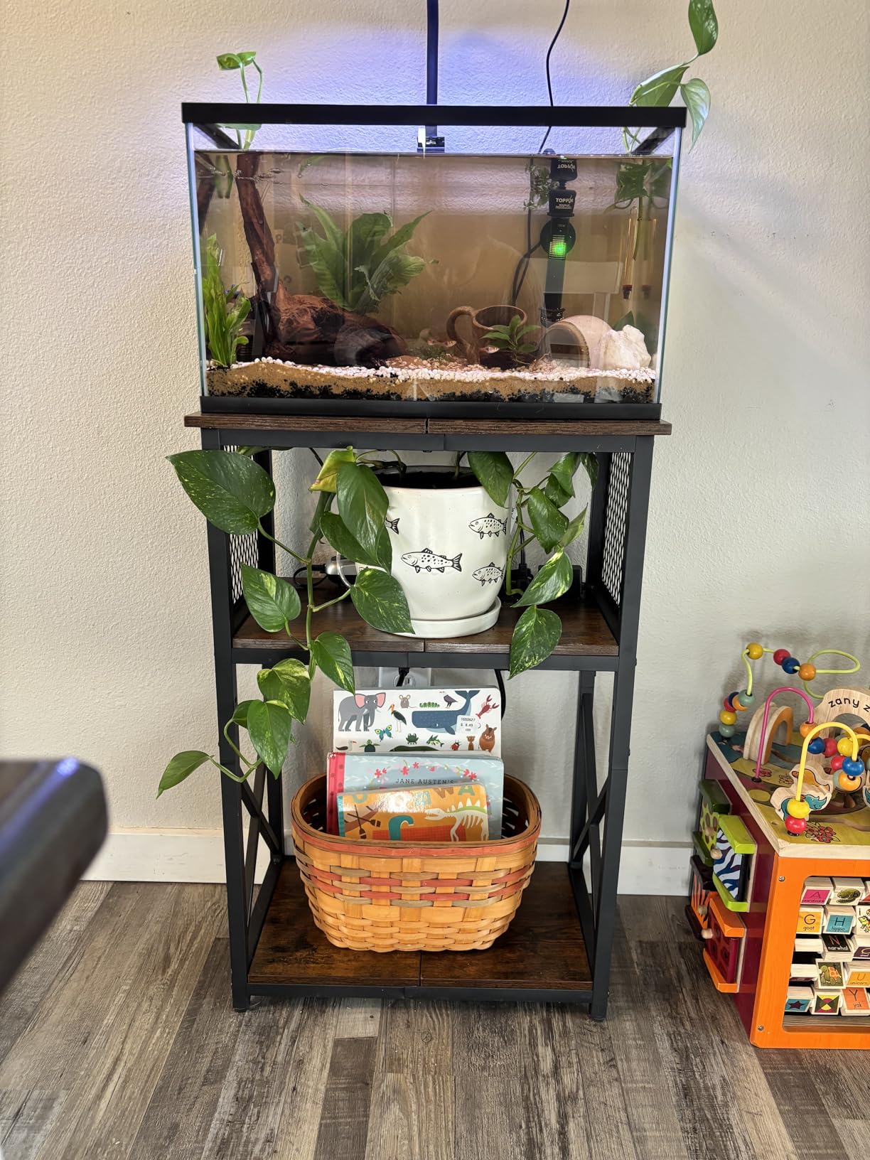 HavenlyYouth 10 Gallon Fish Tank Stand with Power Outlet, 3 Tier Aquarium Stand with Shelf, Turtle/Reptile Tank Stand for Home Office,Adjustable Boards, 20.47''L×11.42''W×30.91''H, Retro Brown customer photo 1
