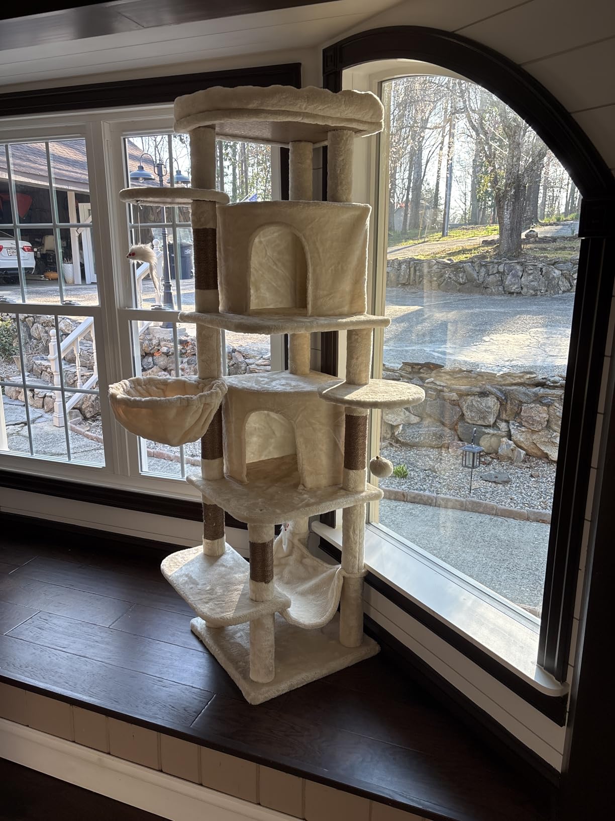 Globlazer Corner Cat Tree, 51in Curved Series Modern Cat Tower for Indoor Cats with Hammock, 7 Sisal Scratching Posts, Large Fan-Shaped Platform for Large Cats, Cat Condo & Hanging Basket, C51, Beige customer photo 1