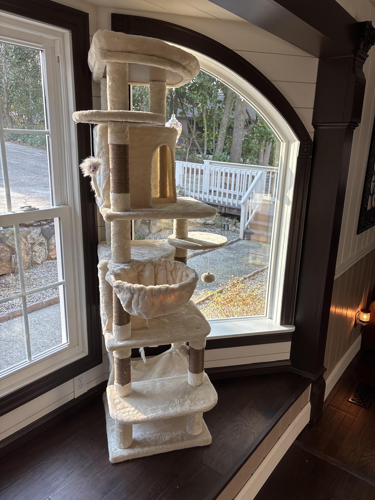 Globlazer Corner Cat Tree, 51in Curved Series Modern Cat Tower for Indoor Cats with Hammock, 7 Sisal Scratching Posts, Large Fan-Shaped Platform for Large Cats, Cat Condo & Hanging Basket, C51, Beige customer photo 2