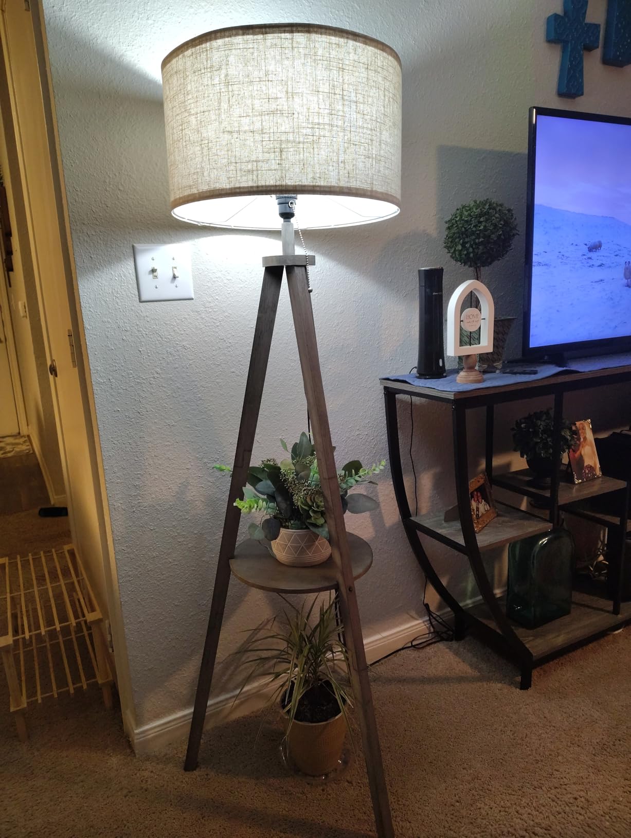 ELYONA Tripod Floor Lamp with Table, Mid Century Wood Shelf Standing Light, Modern Tall Floor Lamp with Linen Shade for Living Room Bedroom Office, Dark Brown, 3 Color Temperatures LED Bulb Included customer photo 1