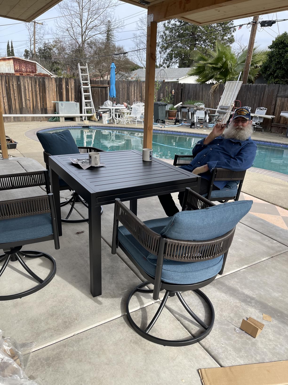 Grand patio Outdoor Dining Set for 6, 7 PCS Patio Table and Chairs Set, Metal Woven Wicker Fixed Patio Chairs with Thickened Cushions & 1 Rectangular Woodgrain Dining Table with Umbrella Hole (Black) customer photo 1