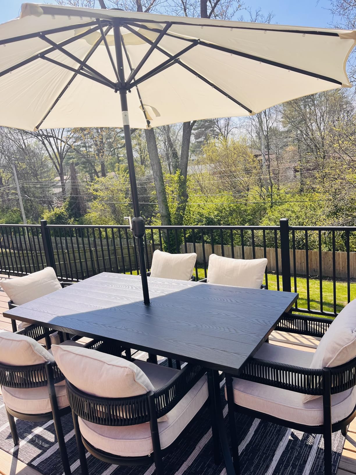 Grand patio Outdoor Dining Set for 6, 7 PCS Patio Table and Chairs Set, Metal Woven Wicker Fixed Patio Chairs with Thickened Cushions & 1 Rectangular Woodgrain Dining Table with Umbrella Hole (Black) customer photo 2