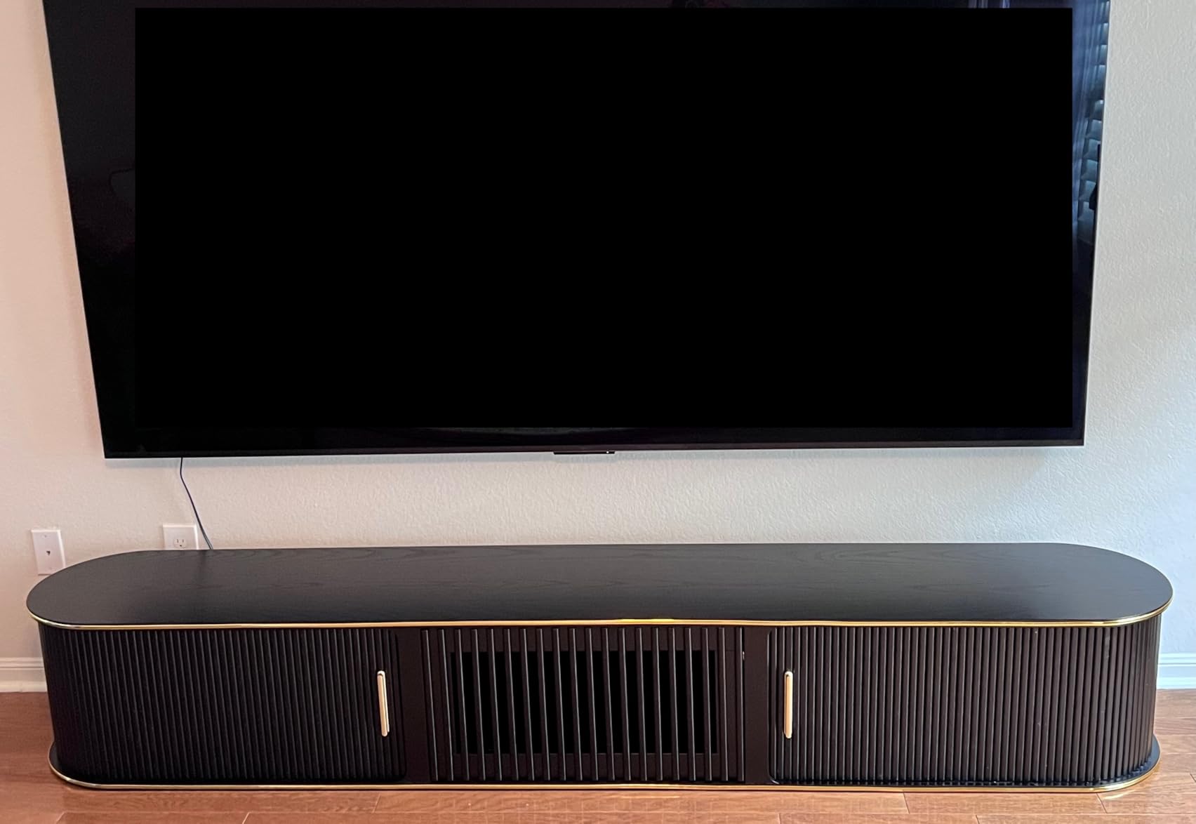 POVISON Fully-Assembled Sliding Tambour Door TV Stand, Mid Century Modern Sintered Stone TV Console, Wood Media Console for 85 Inch TV, Entertainment Center with Storage Cabinet customer photo 1