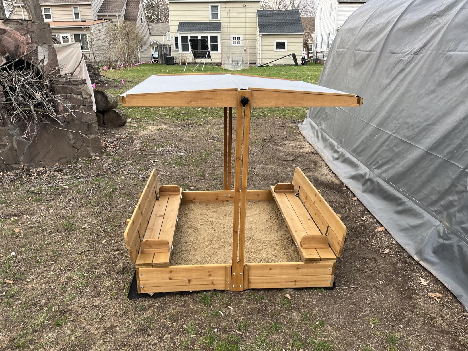 Kids Sandbox with Lid, Wooden Sand Box with Cover Outdoor, UV-Protection & Natural Wood, Foldable Bench Seat, Adjustable Canopy, Sand Box for Kids Ages 2-8 (47x47in) customer photo 1