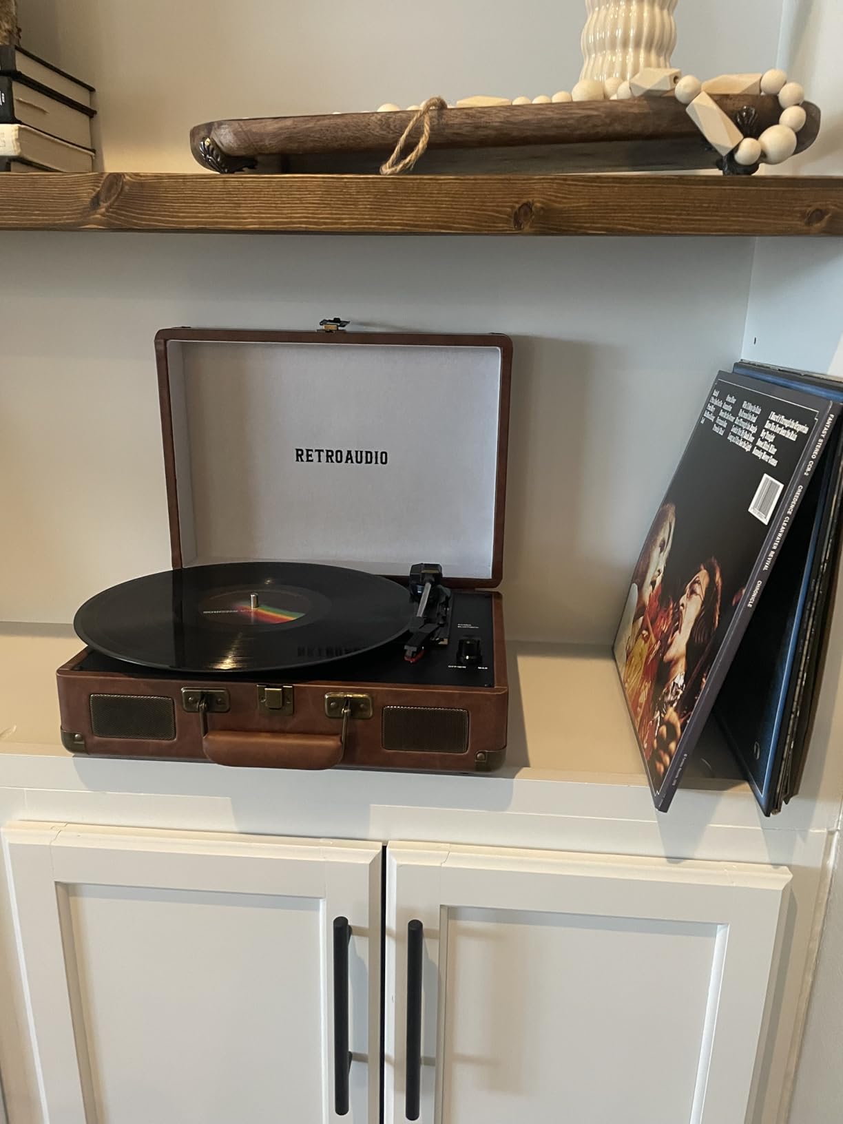 Vinyl Record Player 3-Speed Bluetooth Portable Suitcase Records Player with 2 Built-in Stereo Speakers, Belt-Driven Turntable for Vinyl Records, Support RCA Line Out, AUX Out (Brown) customer photo 1