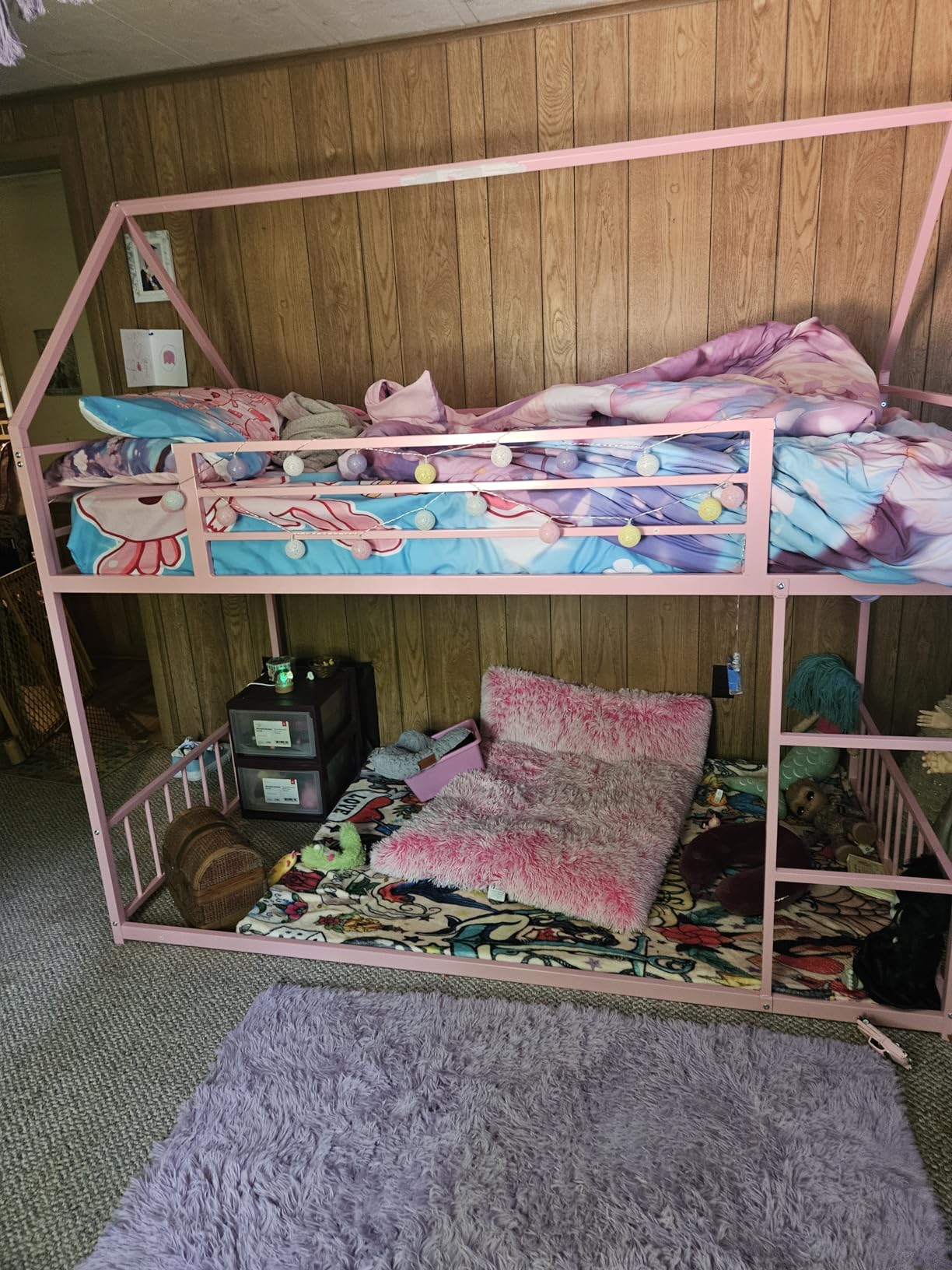 LIKIMIO Bunk Bed Twin Over Twin, House Bunk Bed Frame with Ladder and Guardrail, House Shaped with Metal Slats, White customer photo 2