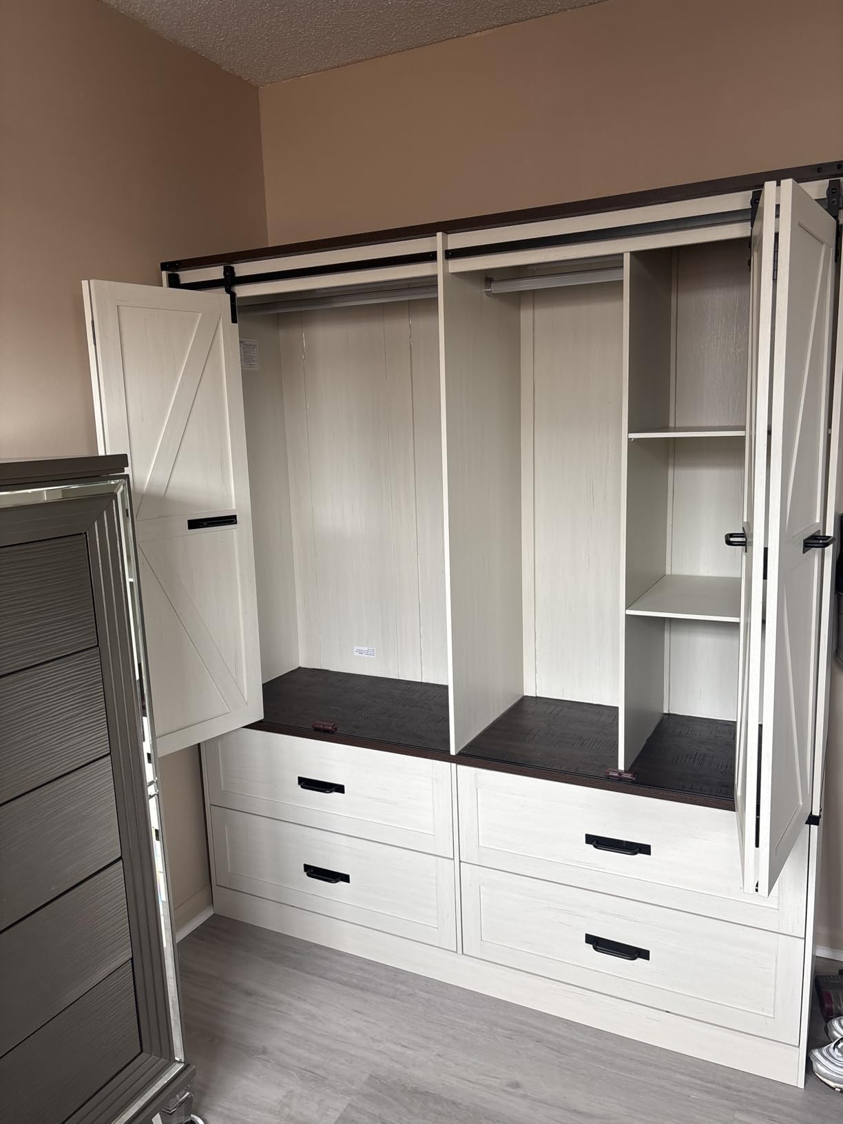 Farmhouse 4 Doors Armoire Wardrobe Closet w/Folding Sliding Barn Door and Lights, LED Armoire Closet w/Drawers for Bedroom, Freestanding Wooden Wardrobe Storage customer photo 1