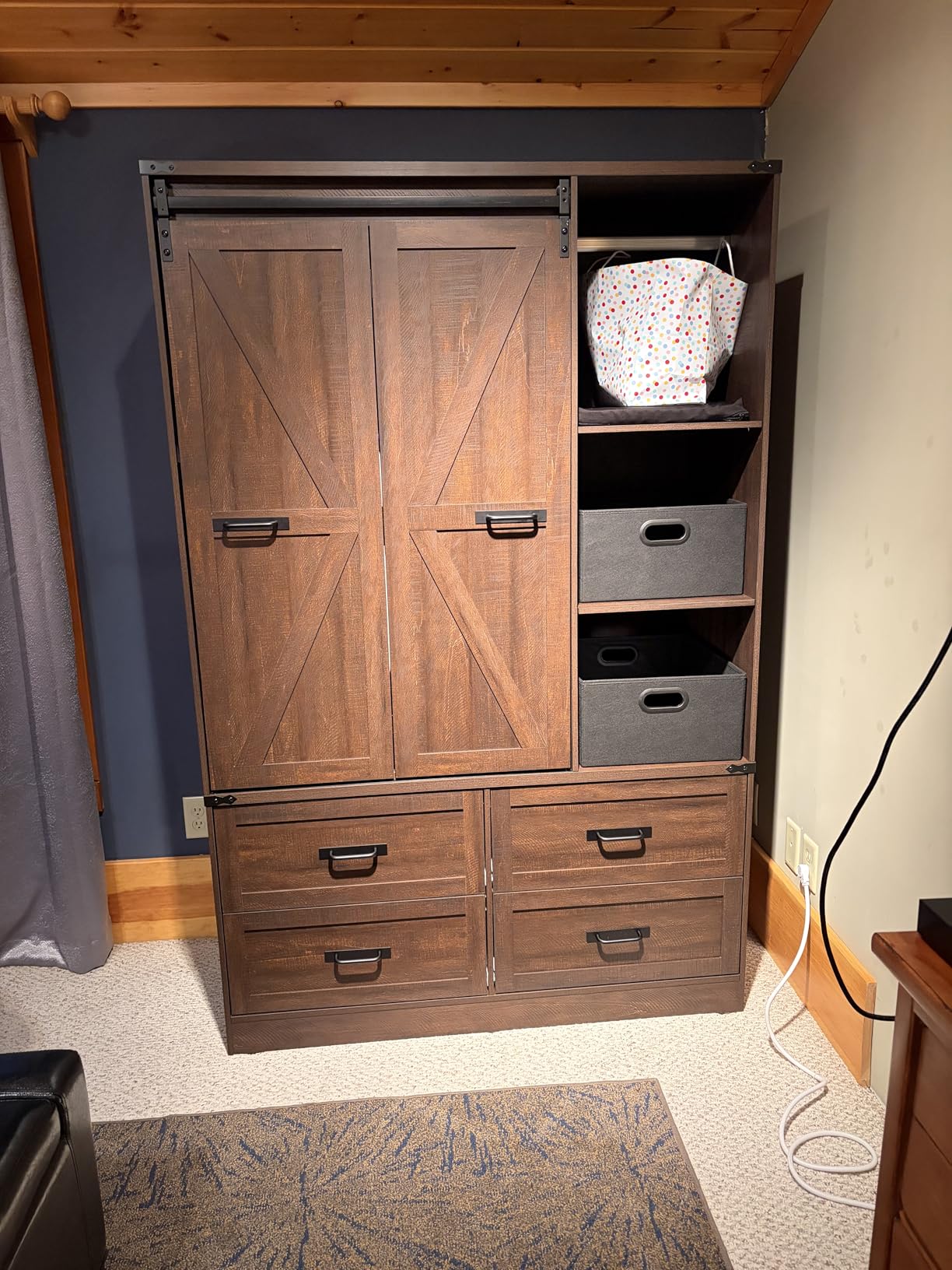 Farmhouse 4 Doors Armoire Wardrobe Closet w/Folding Sliding Barn Door and Lights, LED Armoire Closet w/Drawers for Bedroom, Freestanding Wooden Wardrobe Storage customer photo 2