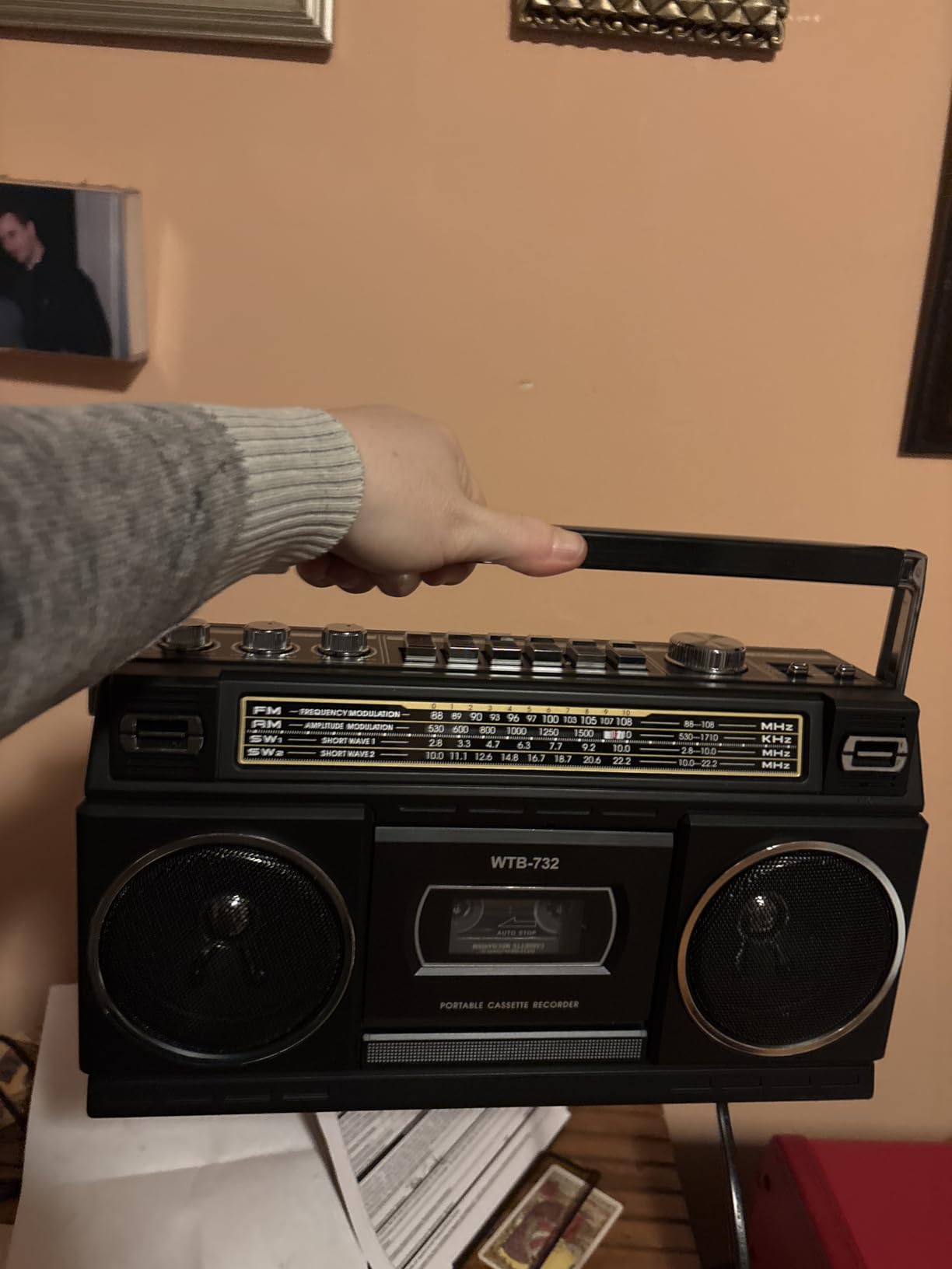 Retro Classic 80s Style Portable Boombox with Cassette Player Recorder, AM/FM/SW1/SW2 Radio, Bluetooth, USB/Micro SD Slots, Headphone Jack, 24W Dual Full-Range High Bass Speakers customer photo 1