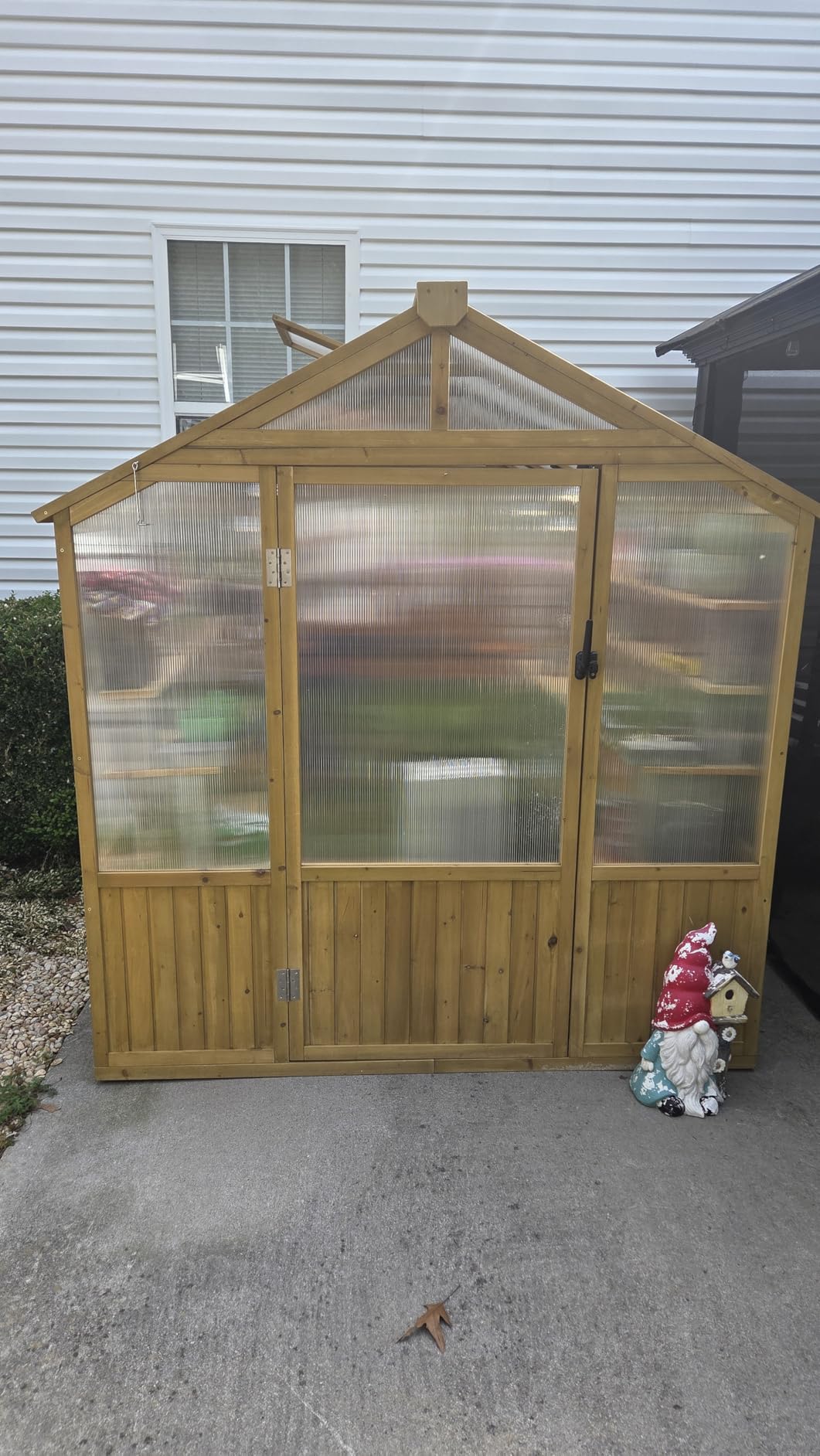 Jocisland 6x8x6.5 Ft Wooden Greenhouse, Pre-Assembled Solid Cedar Frame, Walk-in Design, Lockable Door, Adjustable Roof Vents, Polycarbonate Panels for Outdoor, Garden, Backyard customer photo 2