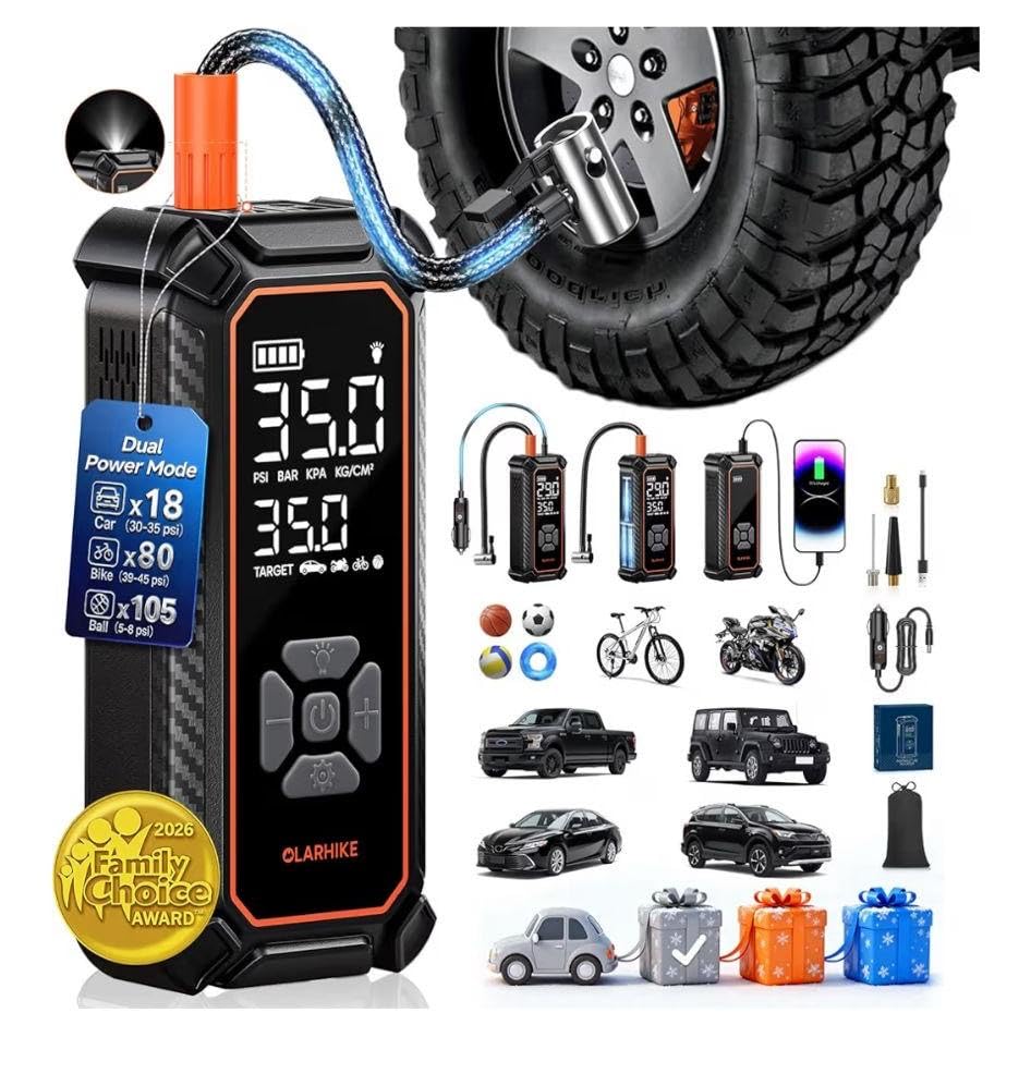 OlarHike Tire Inflator Portable Air Compressor, Dual Power - 6000mAh & 12V DC, Cordless Air Pump for Car Tires, Bikes, Motorcycle, Balls with LED & Digital Pressure Gauge, Gift for Mom customer photo 1
