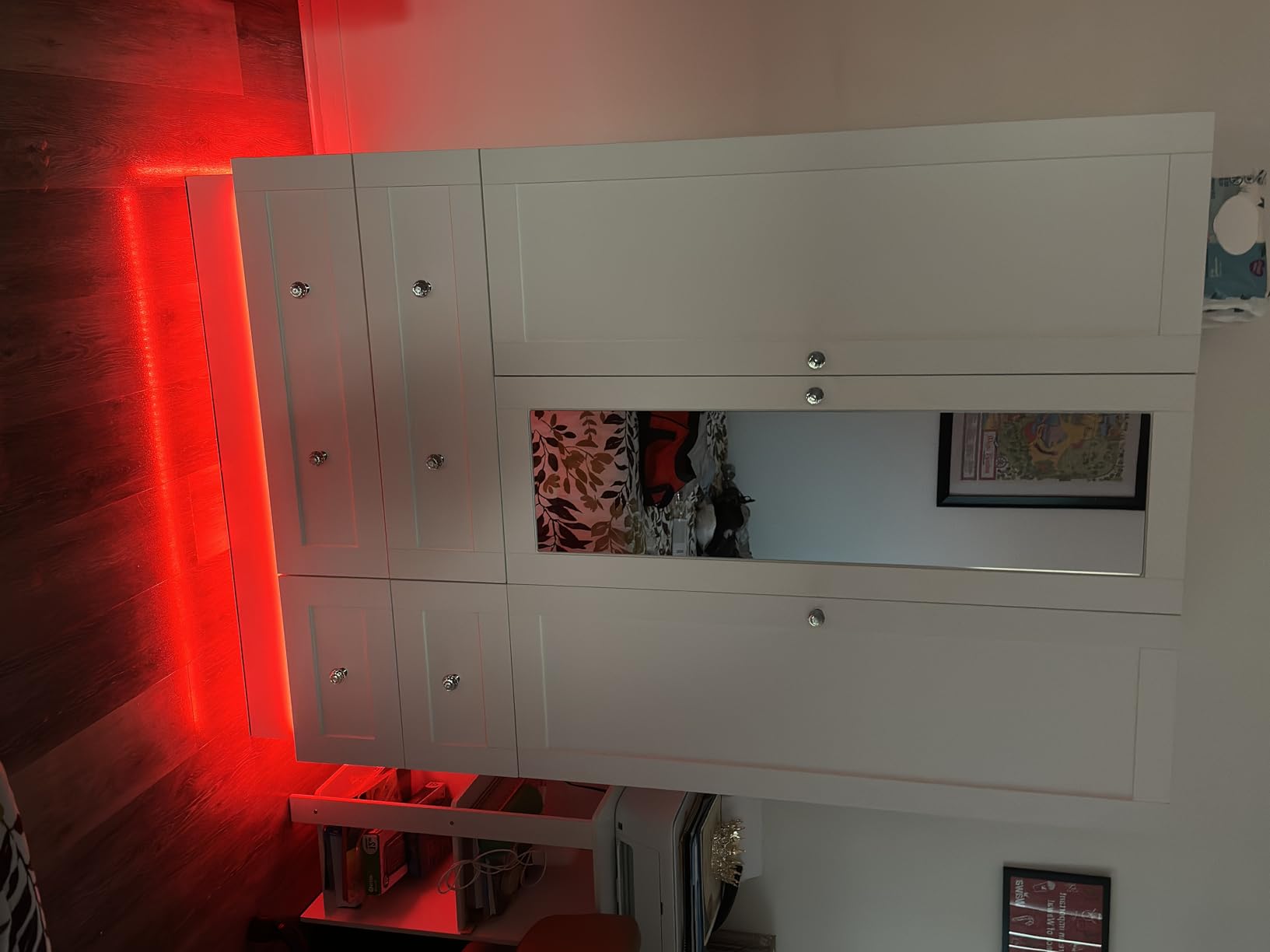 VOWNER Wardrobe Closet with 3 Doors, Bedroom Armoire with Mirror, LED Light, 4 Drawers and Hanging Rod, Large Capacity Storage Closet for Bedroom, White 47