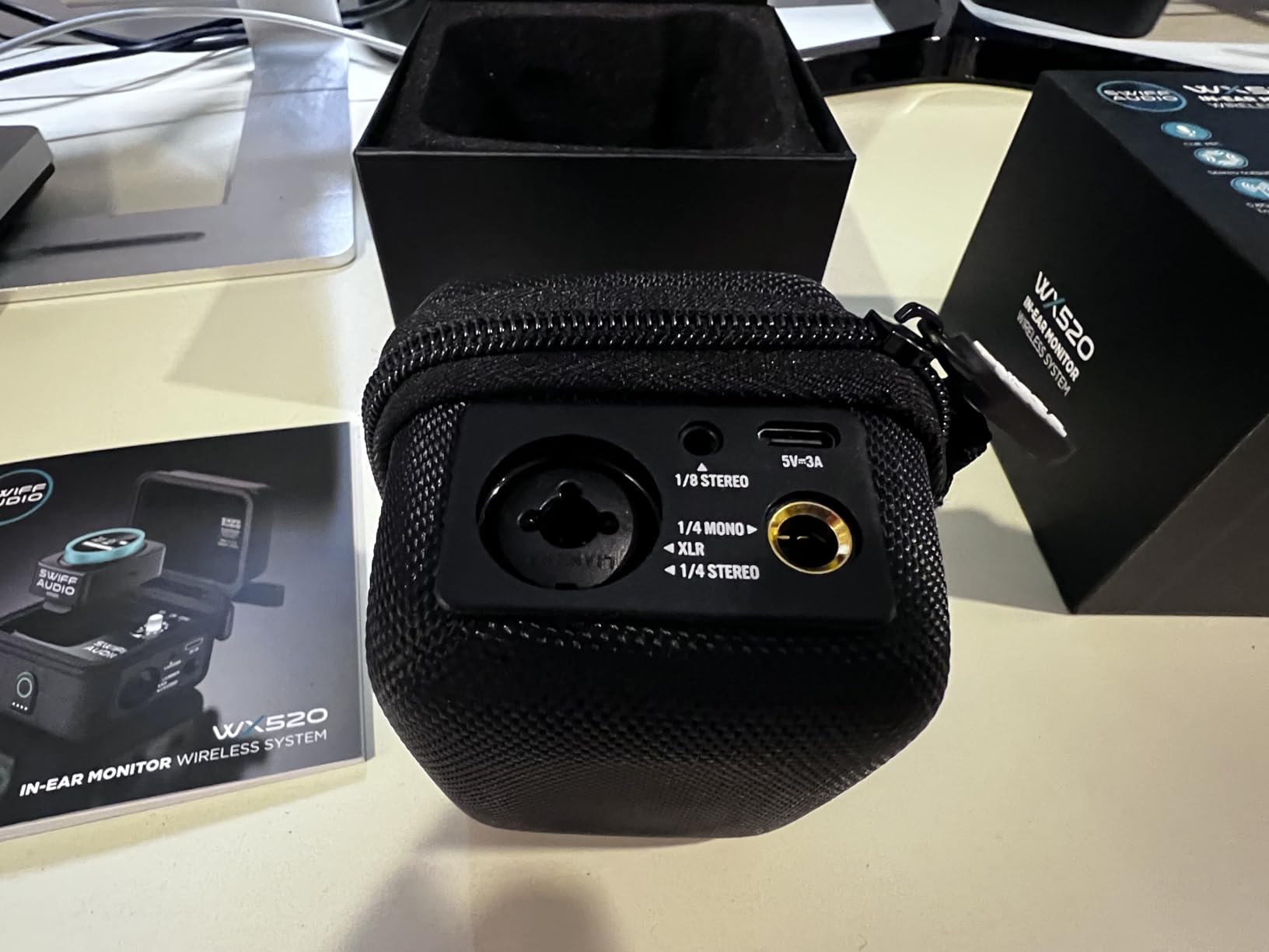 SWIFF AUDIO WX520 Wireless in Ear Monitor System, 5.8GHz IEM System w/Stereo/Mono Switch, Built-in Cue Mic, LED Receiver & Charging Case Transmitter, 4 Channels, One-to-More for Studio, Bands, Live customer photo 2