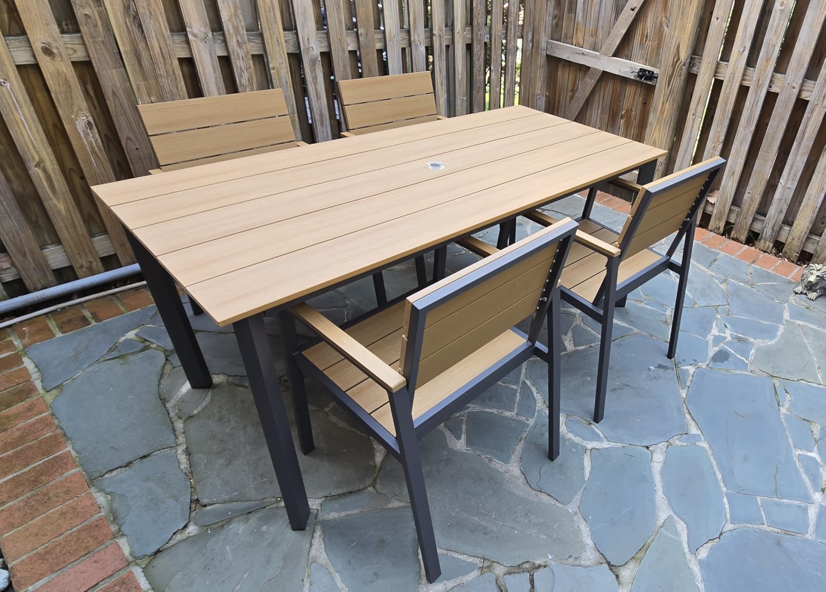 Outdoor Dining Set, Patio Table and Chairs Set with Umbrella Hole, 7 Pieces HDPS + Aluminum Patio Dining Furniture Set for Backyard, Garden (Gray & Teak) customer photo 1