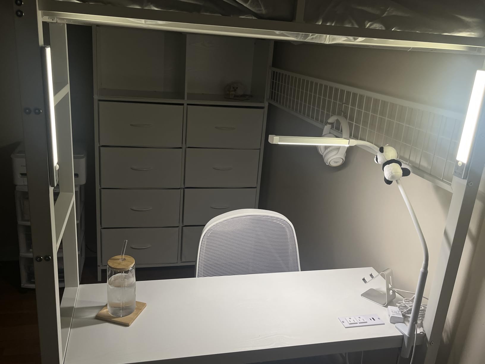 ADORNEVE Loft Bed Full Size with Desk and 8 Storage Drawers, LED Metal Loft Bed with Power Outlet, 2 Shelves & Clothing Rack, Bed with Safety Guardrail & Ladder, Space-Saving, White customer photo 1