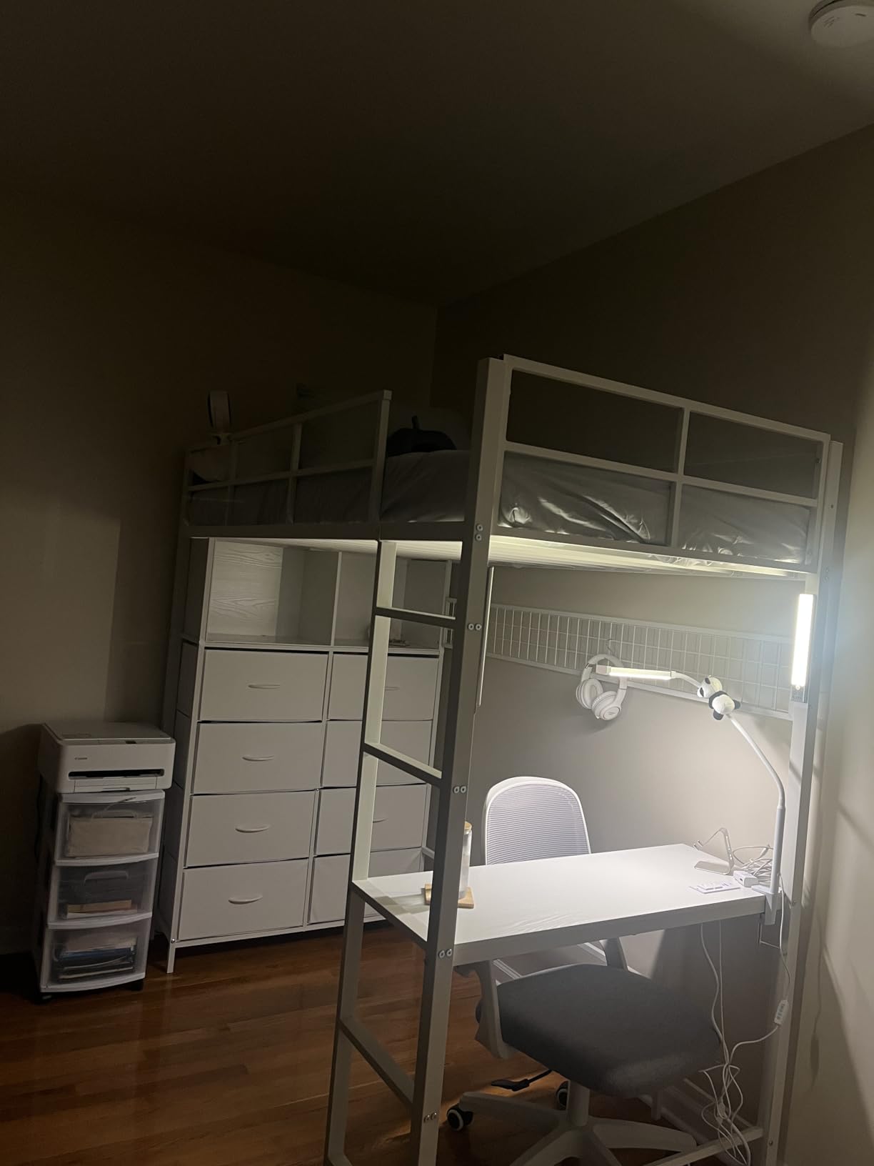 ADORNEVE Loft Bed Full Size with Desk and 8 Storage Drawers, LED Metal Loft Bed with Power Outlet, 2 Shelves & Clothing Rack, Bed with Safety Guardrail & Ladder, Space-Saving, White customer photo 2