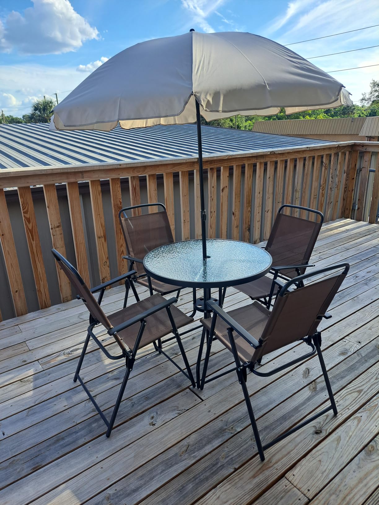 Vongrasig 6 Pieces Folding Patio Dining Set, All Weather Small Metal Outdoor Table and Chairs Set, Patio Furniture Set w/Umbrella, Glass Table & 4 Folding Chairs for Garden, Lawn, Backyard, Brown customer photo 1
