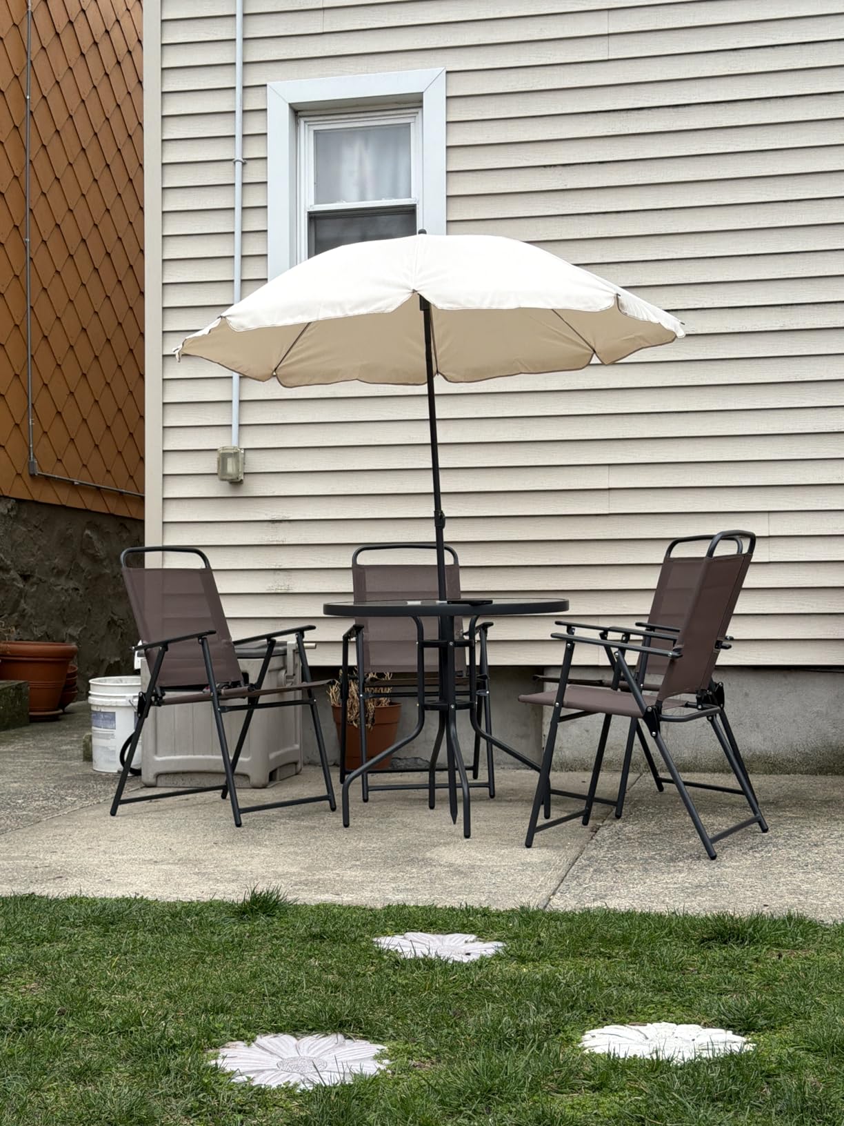 Vongrasig 6 Pieces Folding Patio Dining Set, All Weather Small Metal Outdoor Table and Chairs Set, Patio Furniture Set w/Umbrella, Glass Table & 4 Folding Chairs for Garden, Lawn, Backyard, Brown customer photo 2