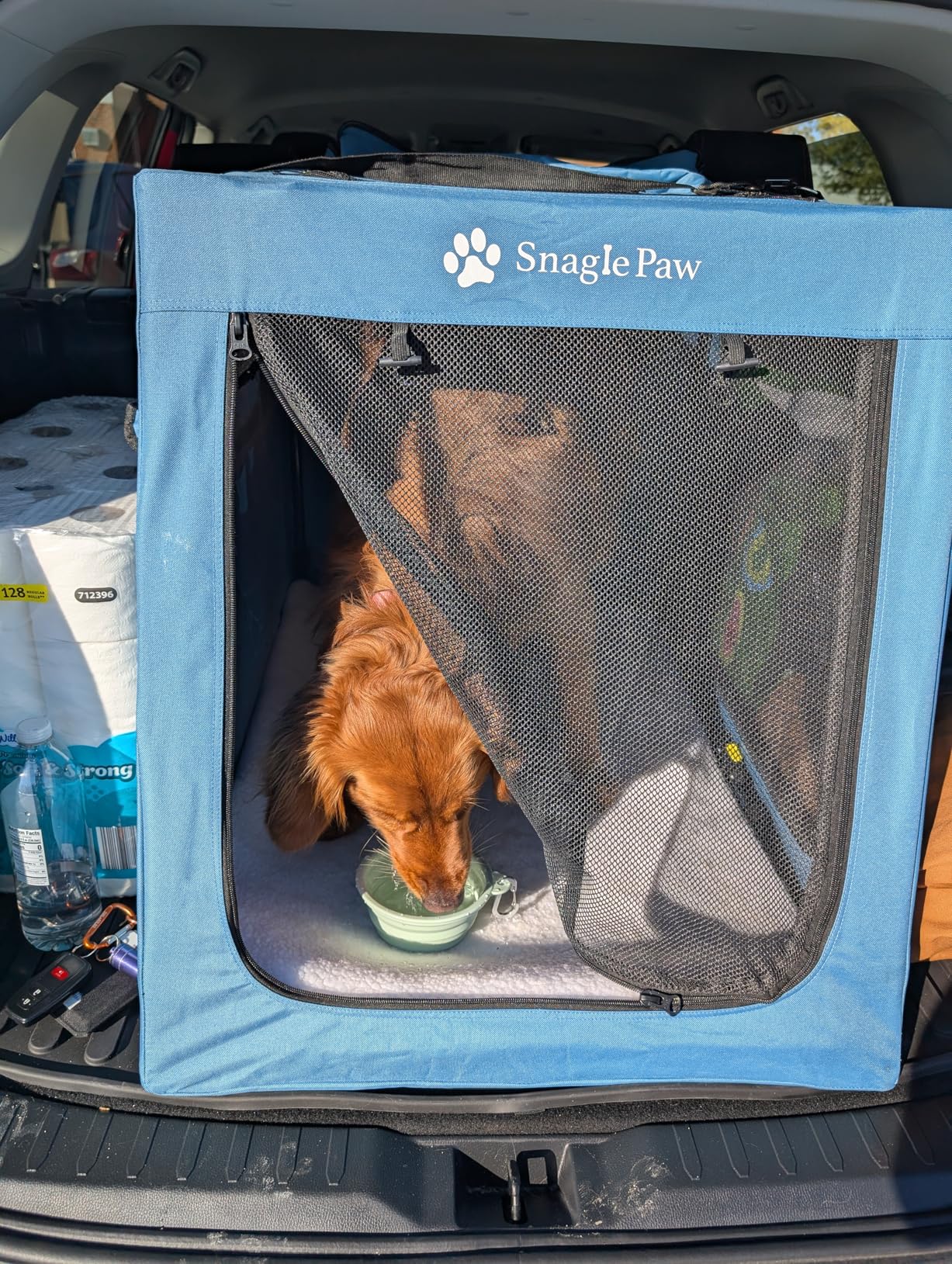Snagle Paw Portable Dog Crate for Car Travel, Collapsible Large Dog Travel Crate with Metal Frame & 3-Door Mesh Windows, Secures in Trunk/Backseat customer photo 2