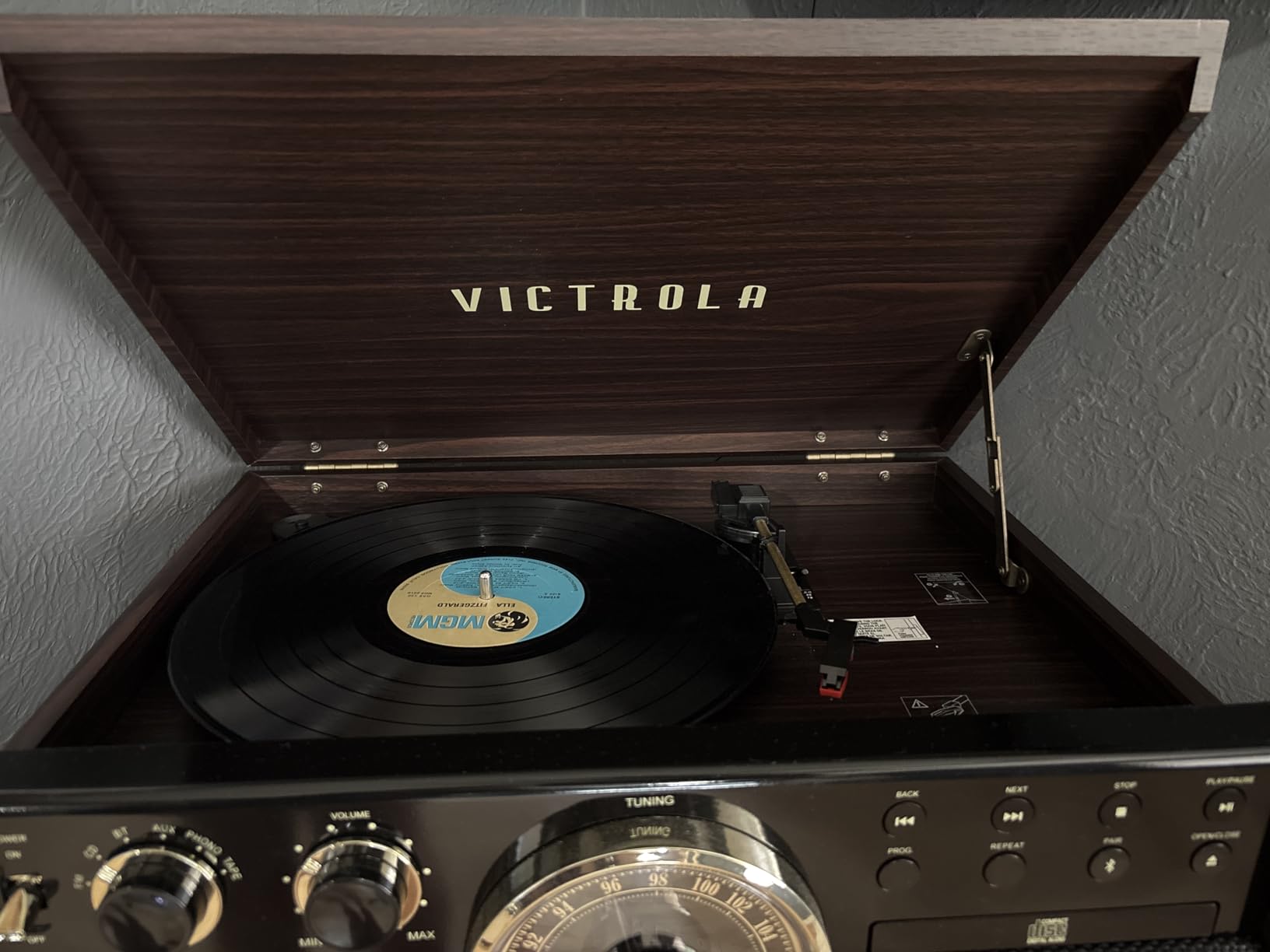 Victrola The Empire Mid-Century 6-in-1 Turntable & Multimedia Center with Built-in Speakers - 5 Speed, Bluetooth, Radio, Cassette & CD Player, RCA Out, Headphone Jack (Walnut) customer photo 1