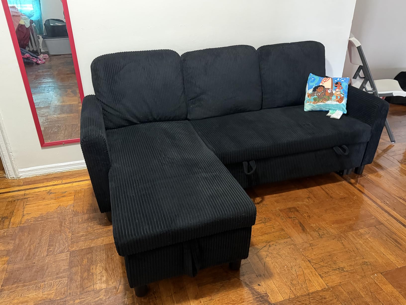 JAMFLY Pull Out Sleeper Sofa Bed with Storage Chaise, L-Shaped Corduroy Sectional Couch, 3-Seater Convertible Sofa with Hidden Storage for Small Living Room, Apartment, Office, Grey customer photo 2