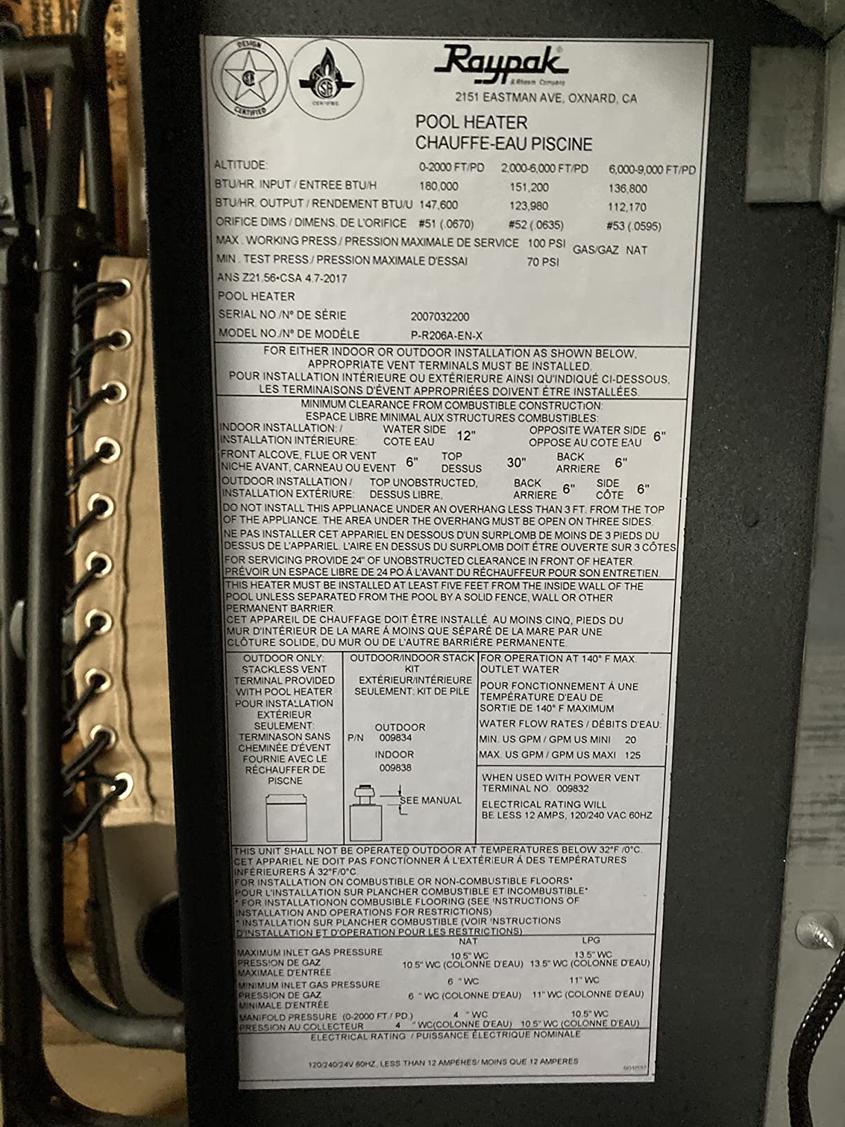 Raypak 009218 PR336AENC49 336,000 BTU Natural Gas Pool Heater customer photo 2