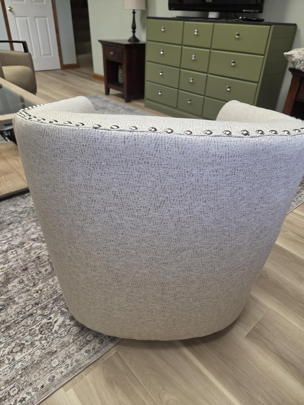 Madison Park Swivel Barrel Accent Chair, Upholstered Curved Back with 7-Inch Thick Woven Cushion, 360 Degree Swivel, Nailhead Trim, Comfy Chair for Living Room, Bedroom, Office, 28 Inch Wide, Neutral, Tyler customer photo 2