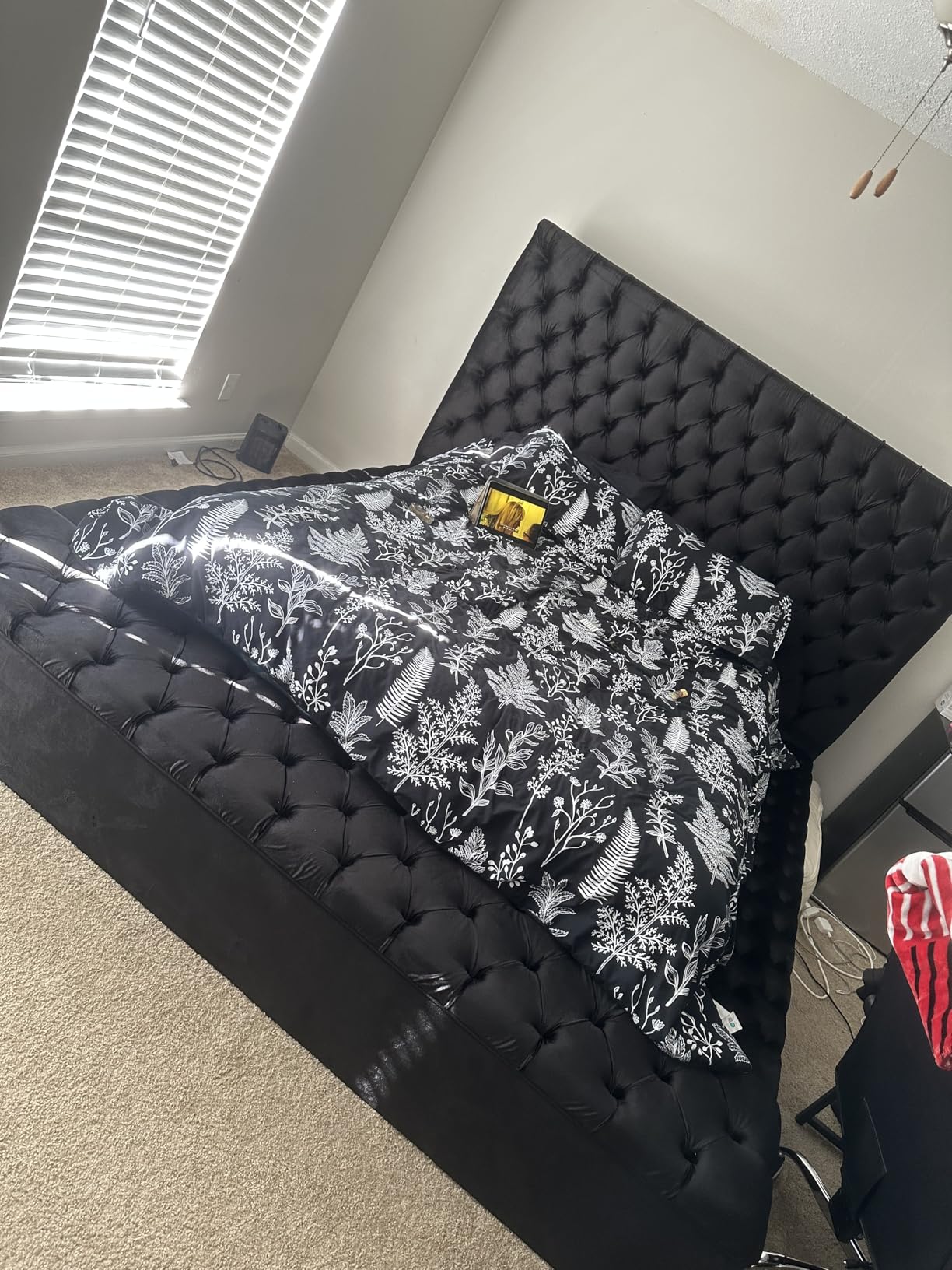 Meridian Furniture Bliss Collection Modern | Contemporary Velvet Upholstered Bed with Deep Button Tufting and Storage Compartments in Rails and Footboard, Black, Queen customer photo 1