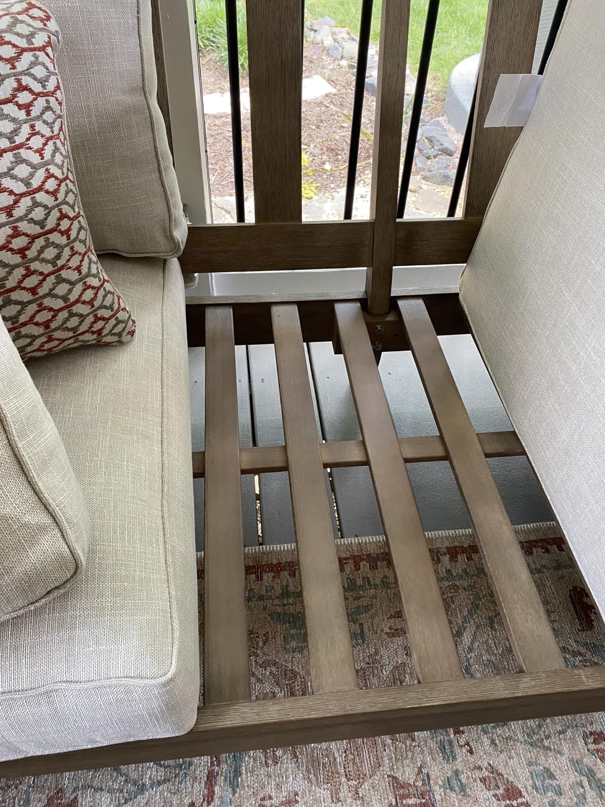 Signature Design by Ashley Clare View Outdoor Patio Sofa, 4 Throw Pillows, Nuvella Weather Resistant Fabric, Eucalyptus Wood, 81