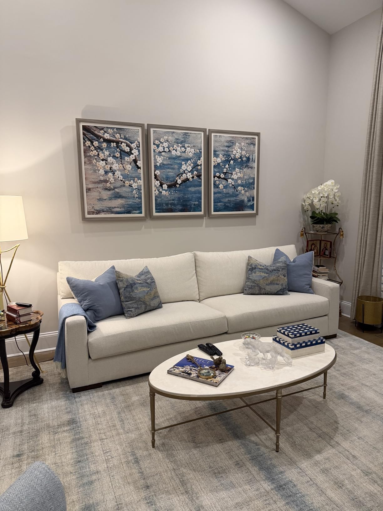 3 Piece Wall Art Hand-Painted Framed Flower Oil Painting On Canvas Gallery Wrapped Modern Floral Artwork for Living Room Bedroom Decor Teal Blue Lake Ready to Hang 12