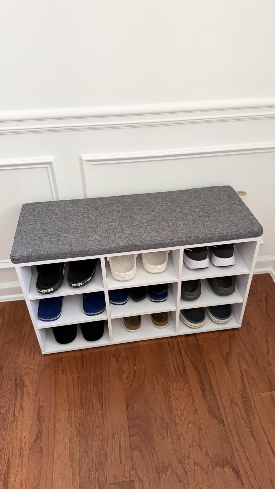 VASAGLE CUSTOS Collection - Shoe Bench, Storage Bench with Padded Seat, Entryway Bench with 15 Compartments, for Bedroom, 11.8 x 41.3 x 18.9 Inches, Cloud White and Dove Gray ULHS15WT customer photo 1