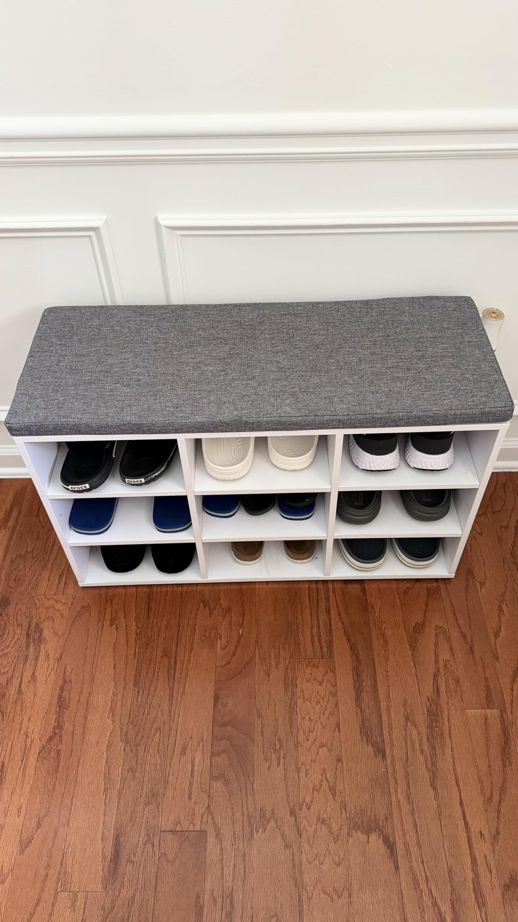 VASAGLE CUSTOS Collection - Shoe Bench, Storage Bench with Padded Seat, Entryway Bench with 15 Compartments, for Bedroom, 11.8 x 41.3 x 18.9 Inches, Cloud White and Dove Gray ULHS15WT customer photo 2