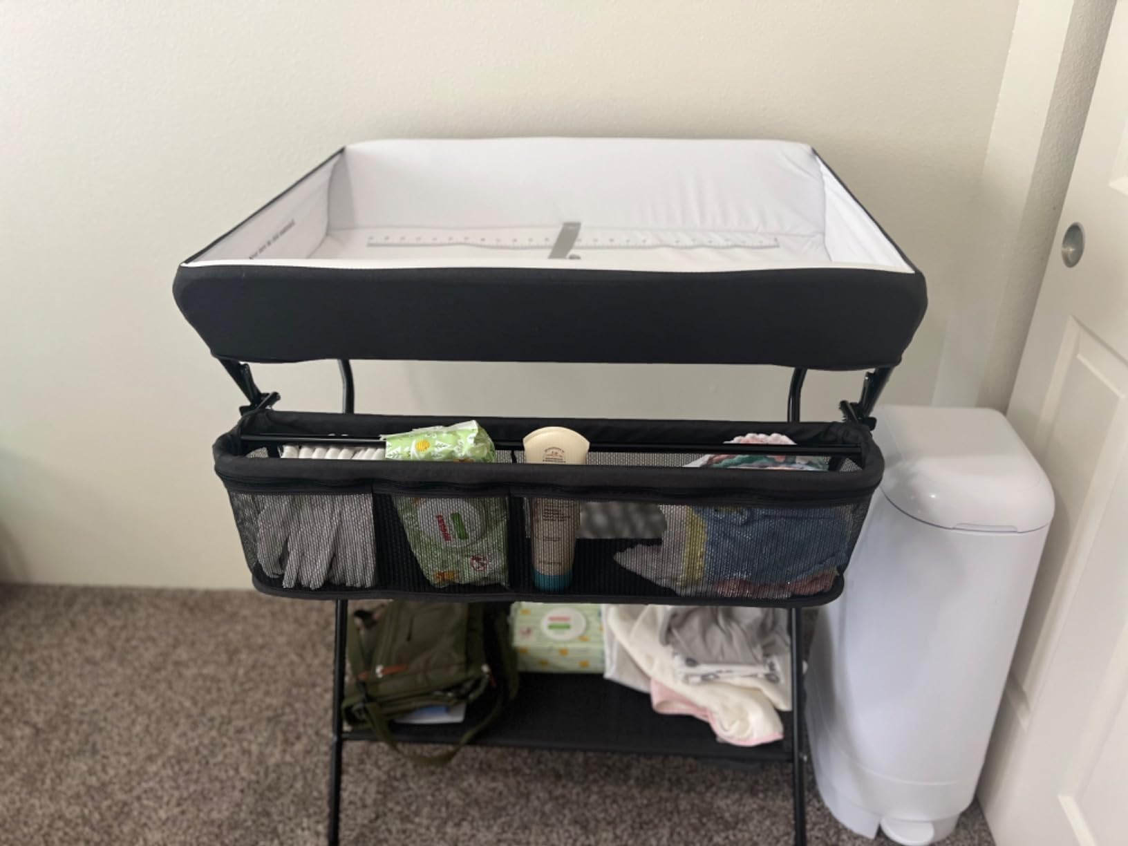 INFANS Baby Changing Table, Folding Diaper Station Portable Nursery Organizer with Safety Belt and Large Storage Racks, Grey customer photo 2