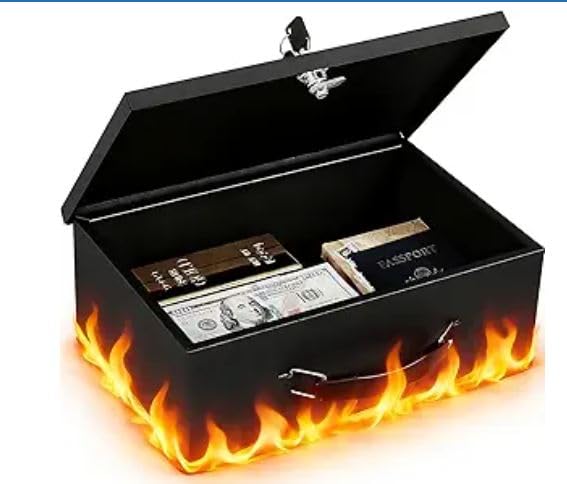 KYODOLED Fireproof Document Box with Key Lock, Small Lock Boxes for Personal Items, Fire and Water Resistance, Fireproof Safe Box for Documents, Jewelry, Passport, Cash, 12.6'' x 8.3'' x 4.3'' Black customer photo 2