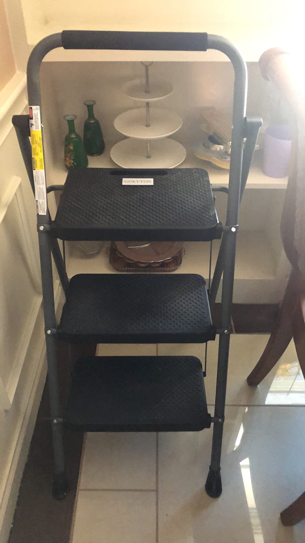 3 Step Ladder, GOLYTON Folding Step Stool with Anti-Slip Wide Pedal & Convenient Handgrip, 500lbs Capacity Steel Ladder for Household and Office, Grey customer photo 2