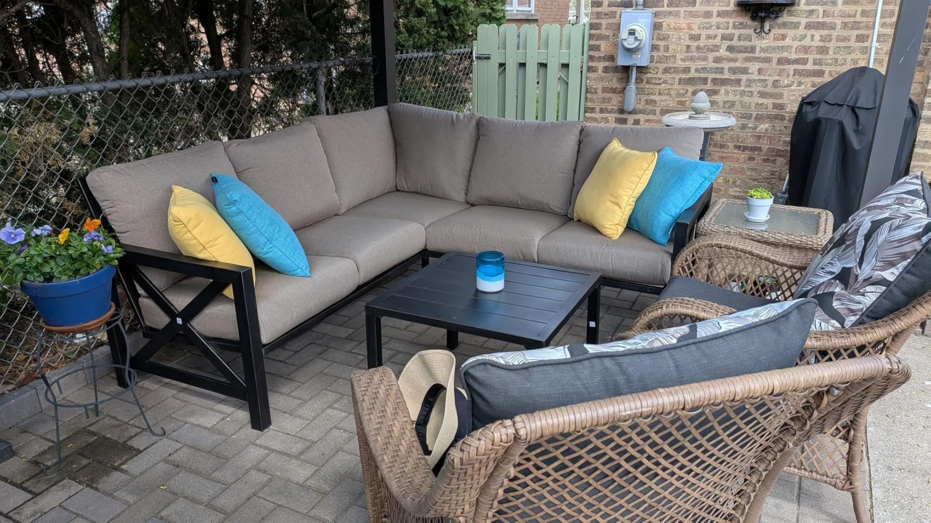 NATURAL EXPRESSIONS 6 Pieces Patio Furniture Sets, Metal Outdoor Sectional Furniture L Shape Patio Conversation Sets, Highback Frame, Metal Table, Large Waterproof Cover, 6.5