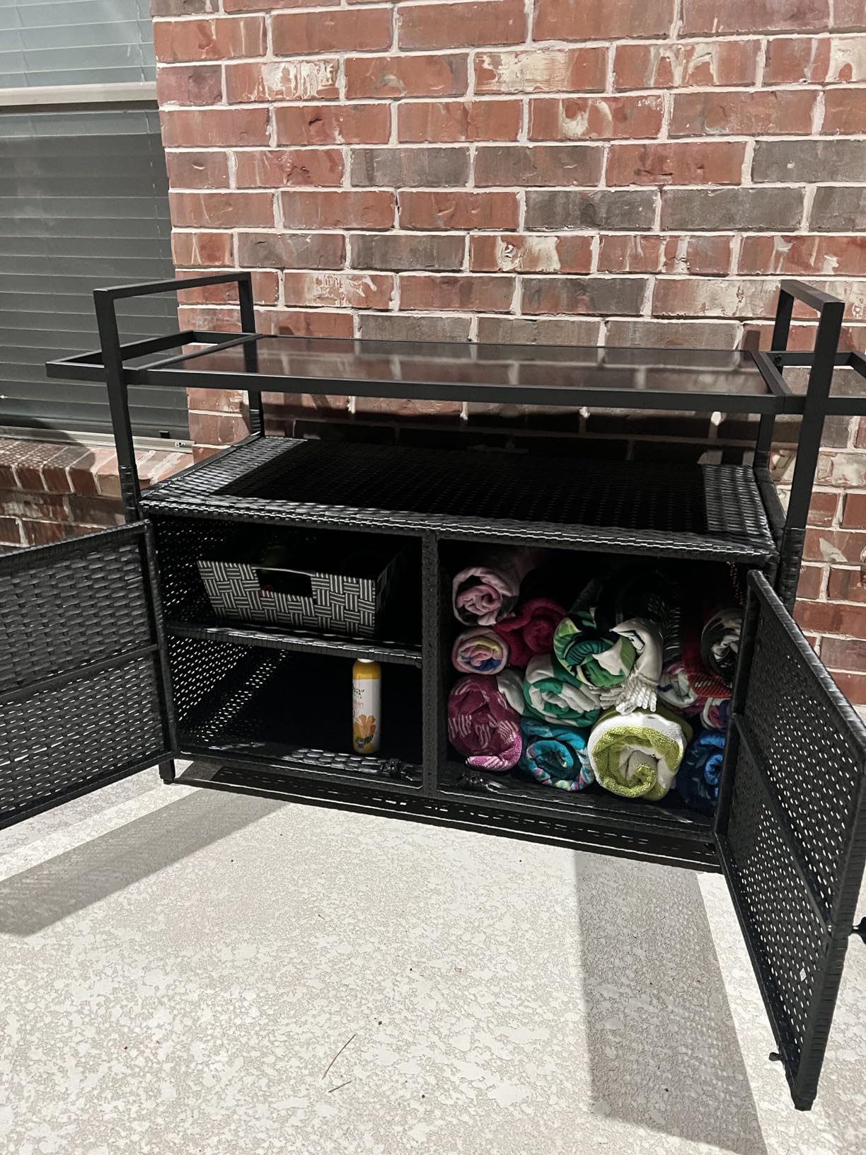YITAHOME XL Outdoor Storage Cabinet, Outdoor Storage Cart with Wheels and Black Glass Table Top for Patio, Outdoor Cabinet for Poolside and Backyard (Dark Brown) customer photo 2
