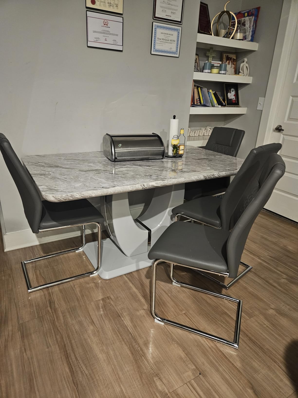 JUFU 7 Piece Dining Table Set for 6, 63 Inch Faux Marble Rectangular Kitchen Table and Chairs Set, Modern Dining Room Table Set with U-Shaped Pedestal Base & 6 Light Gray PU Leather Cantilever Chairs customer photo 2