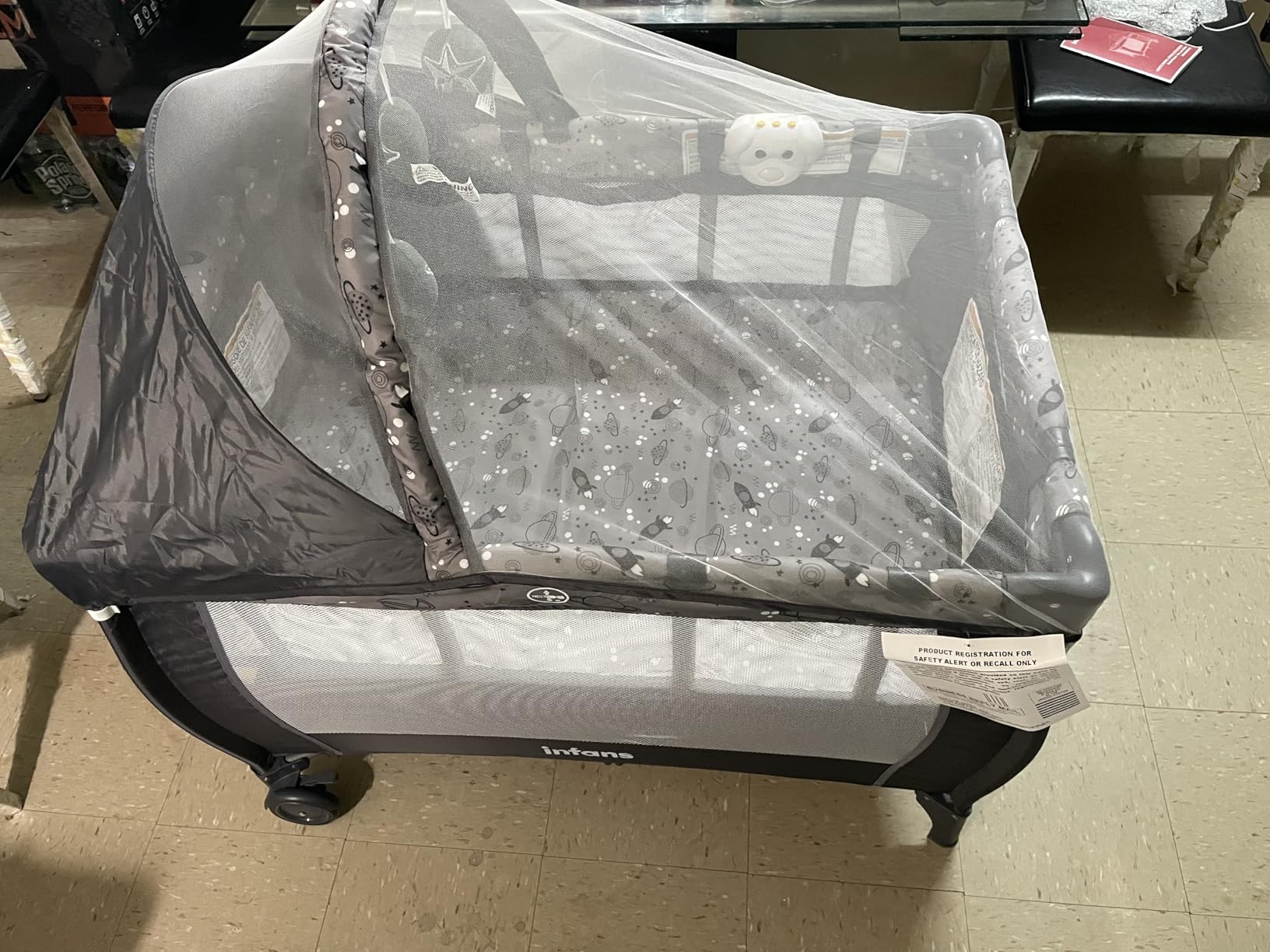 INFANS 4 in 1 Pack and Play, Portable Travel Baby Playard with Bassinet, Changing Table, Canopy, Mosquito Net, Hanging Toys, Music Box, Storage Bag, Large Playpen from Newborn to Toddlers customer photo 1